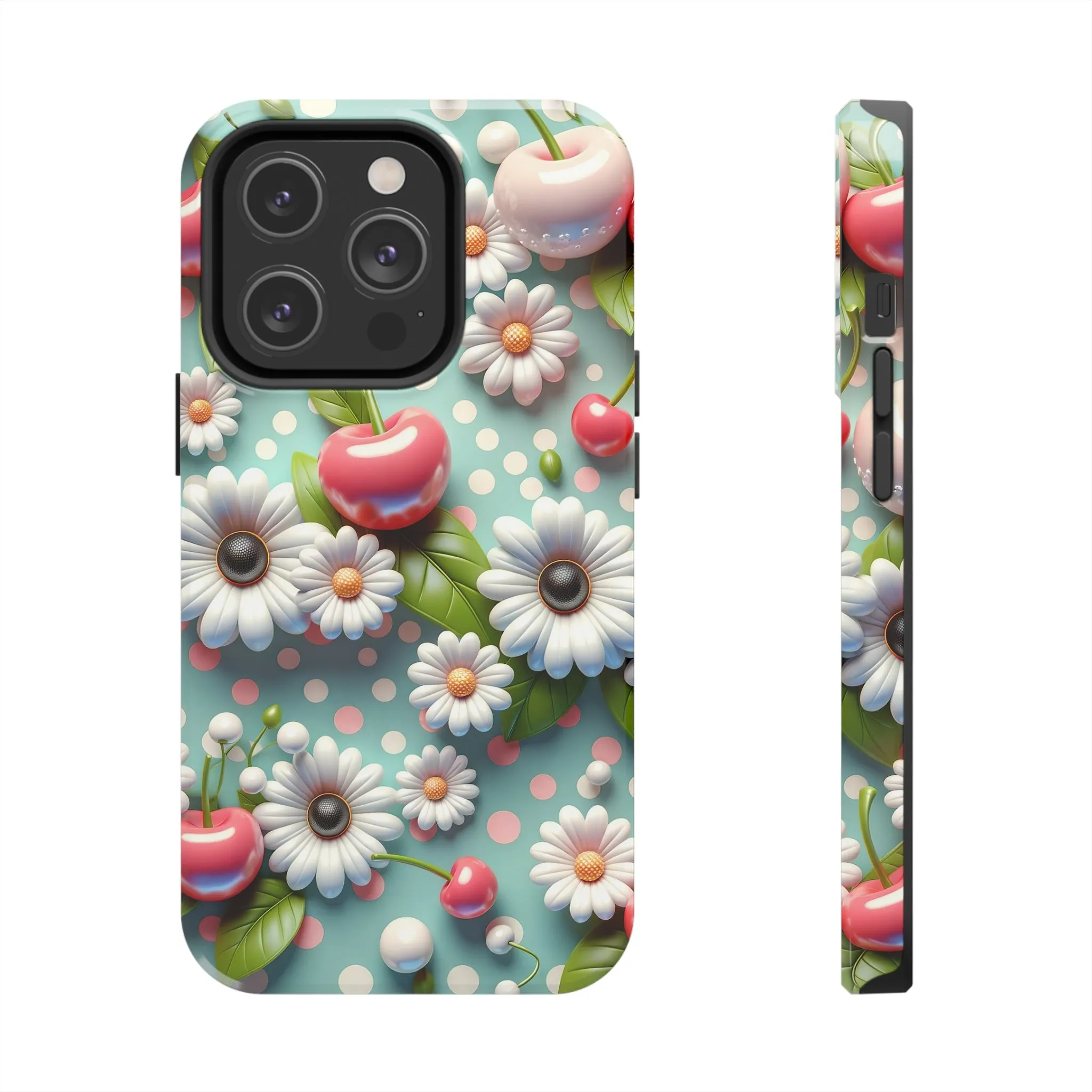 Cute Cherries and Flowers Digital print Design Tough Phone Case compatible with a large variety of iPhone models, Gift, Phone Case