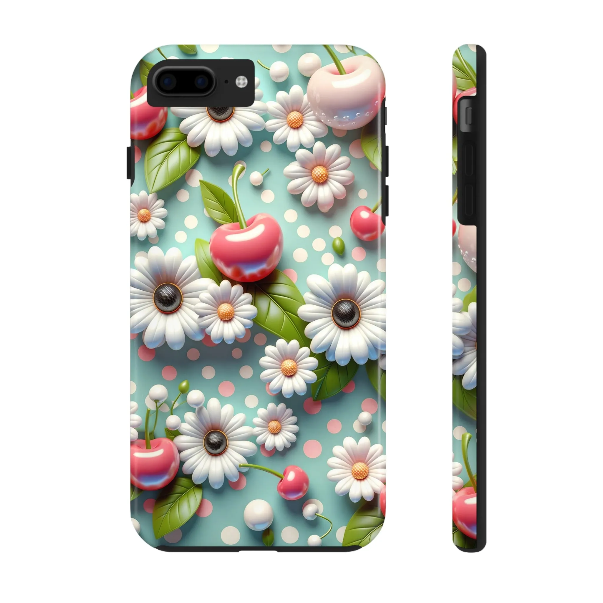 Cute Cherries and Flowers Digital print Design Tough Phone Case compatible with a large variety of iPhone models, Gift, Phone Case