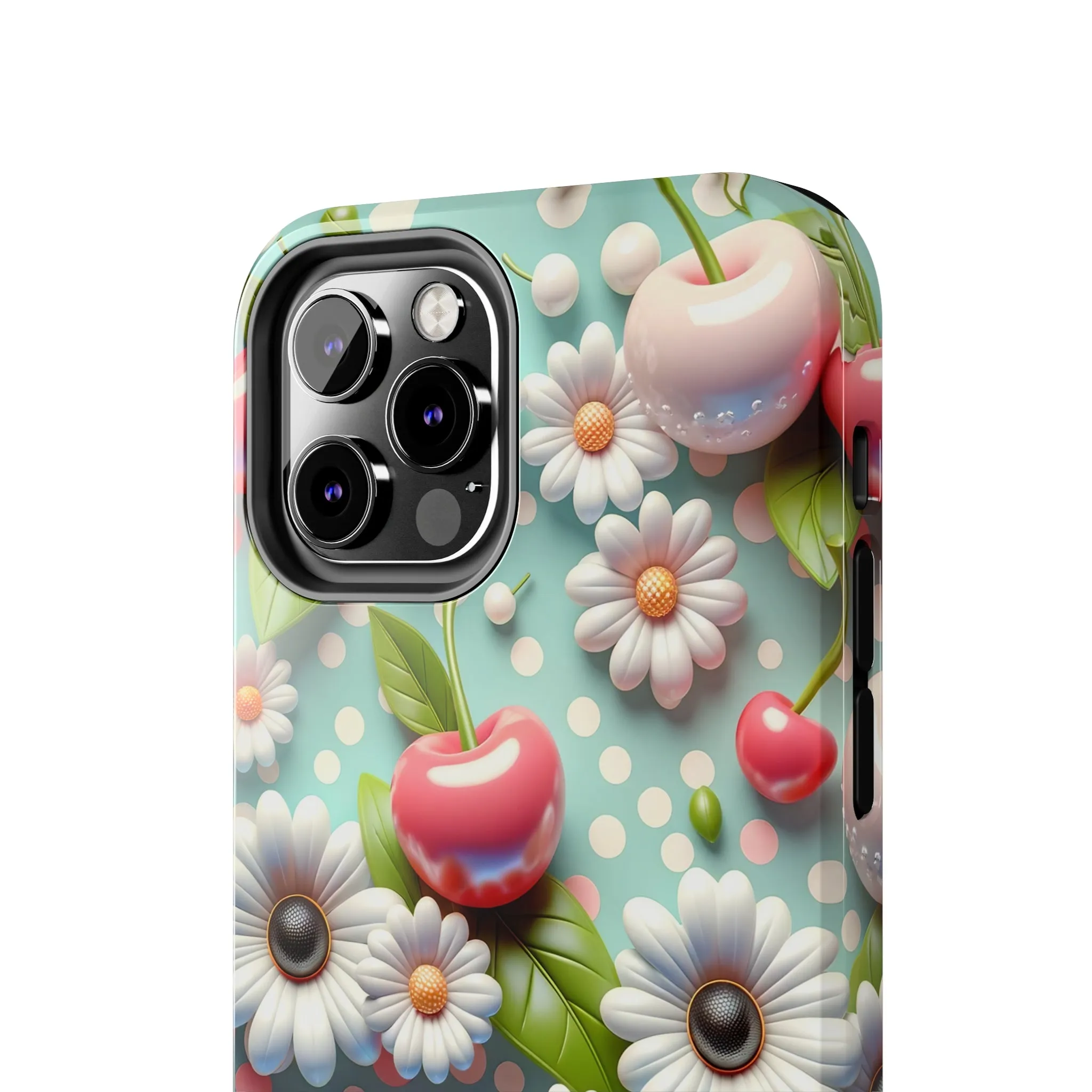 Cute Cherries and Flowers Digital print Design Tough Phone Case compatible with a large variety of iPhone models, Gift, Phone Case