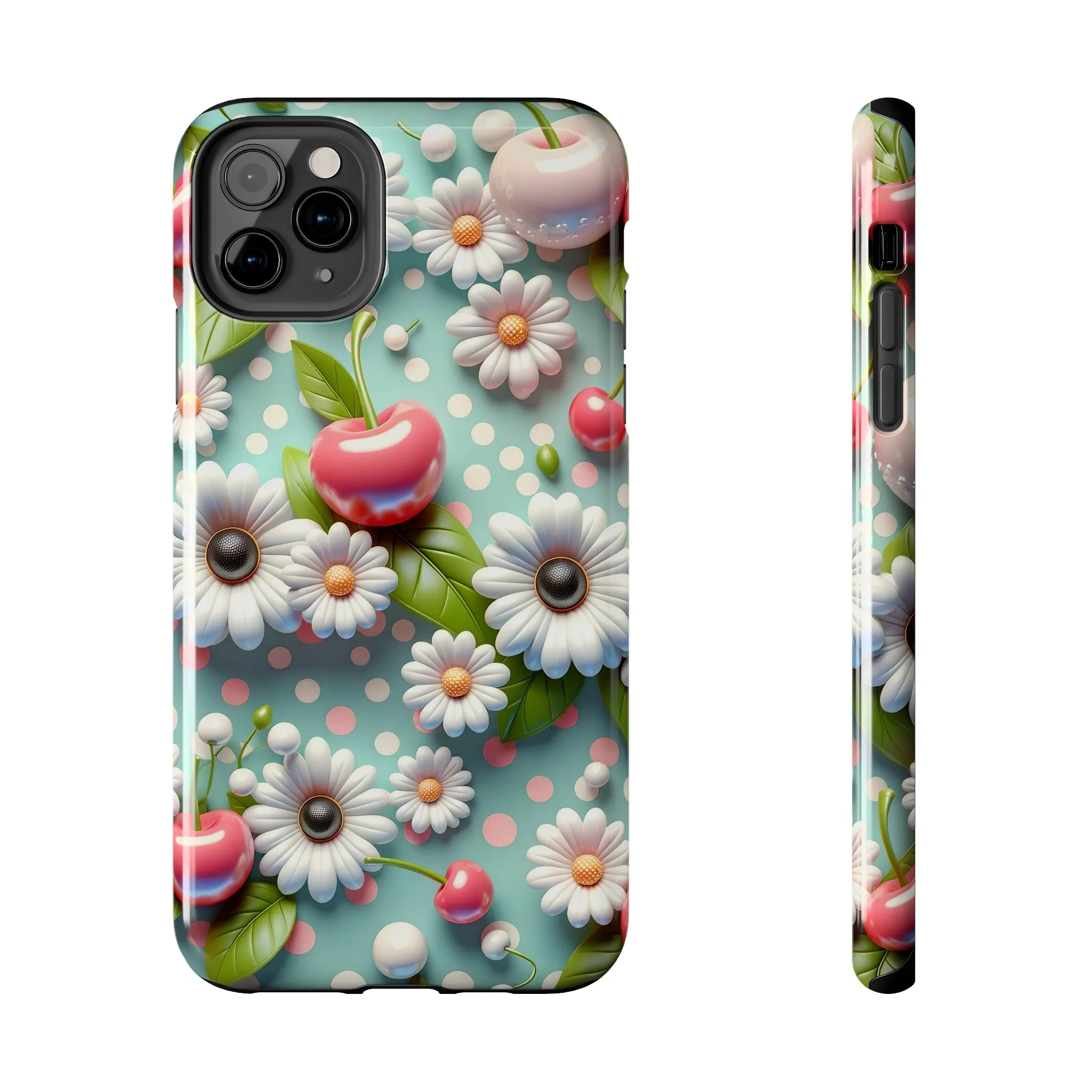 Cute Cherries and Flowers Digital print Design Tough Phone Case compatible with a large variety of iPhone models, Gift, Phone Case