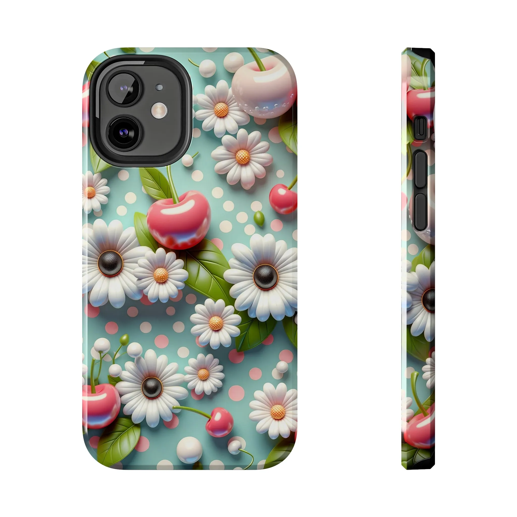 Cute Cherries and Flowers Digital print Design Tough Phone Case compatible with a large variety of iPhone models, Gift, Phone Case