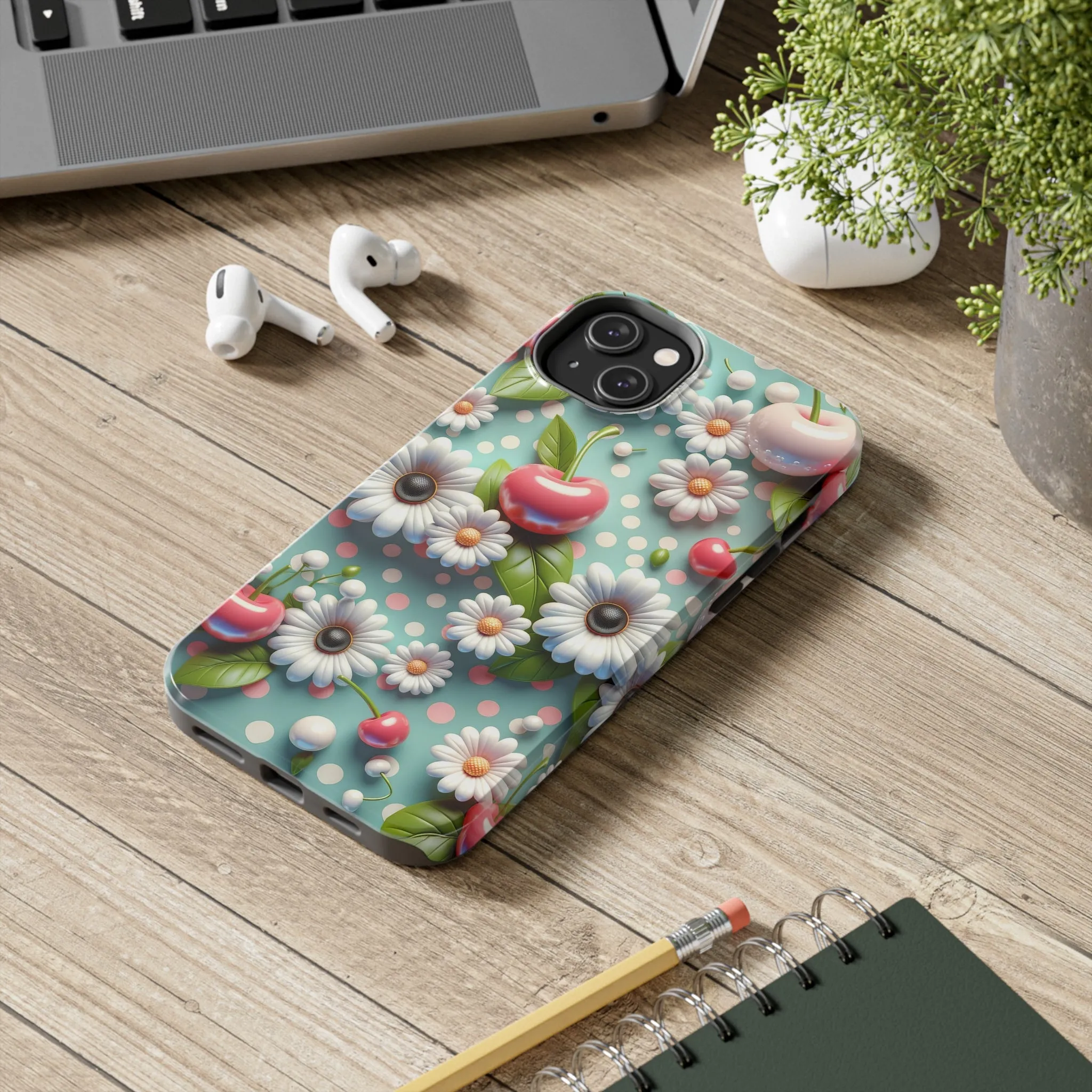 Cute Cherries and Flowers Digital print Design Tough Phone Case compatible with a large variety of iPhone models, Gift, Phone Case