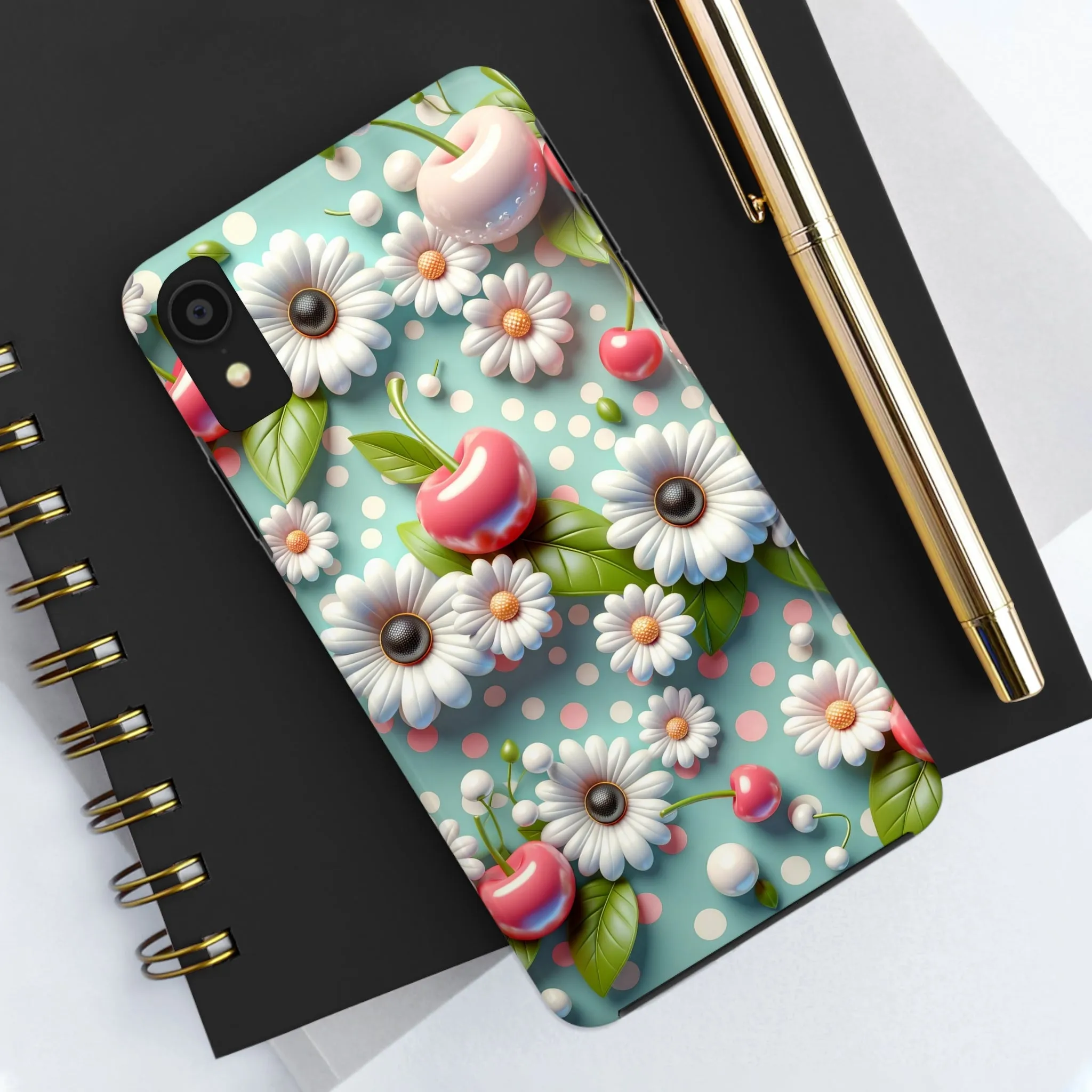 Cute Cherries and Flowers Digital print Design Tough Phone Case compatible with a large variety of iPhone models, Gift, Phone Case