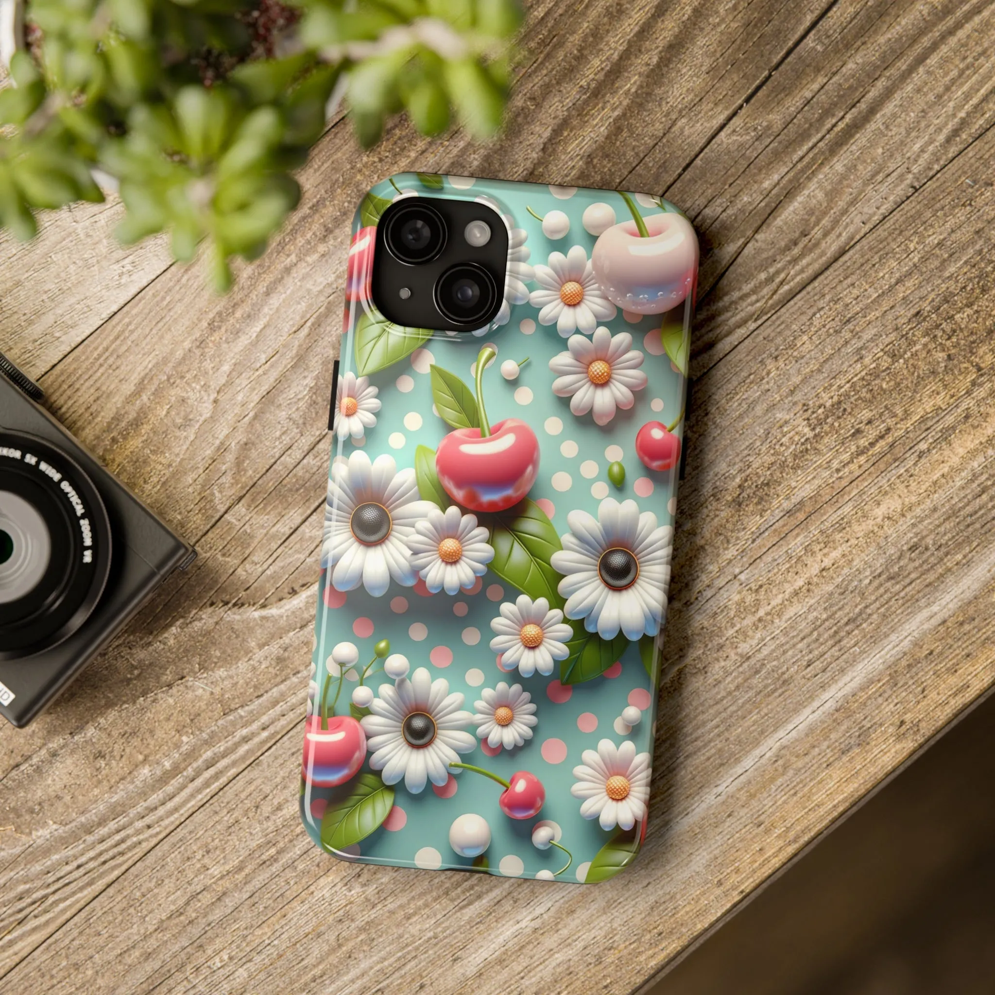 Cute Cherries and Flowers Digital print Design Tough Phone Case compatible with a large variety of iPhone models, Gift, Phone Case