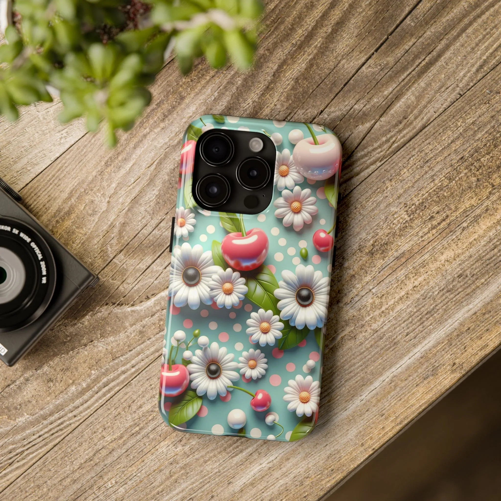 Cute Cherries and Flowers Digital print Design Tough Phone Case compatible with a large variety of iPhone models, Gift, Phone Case