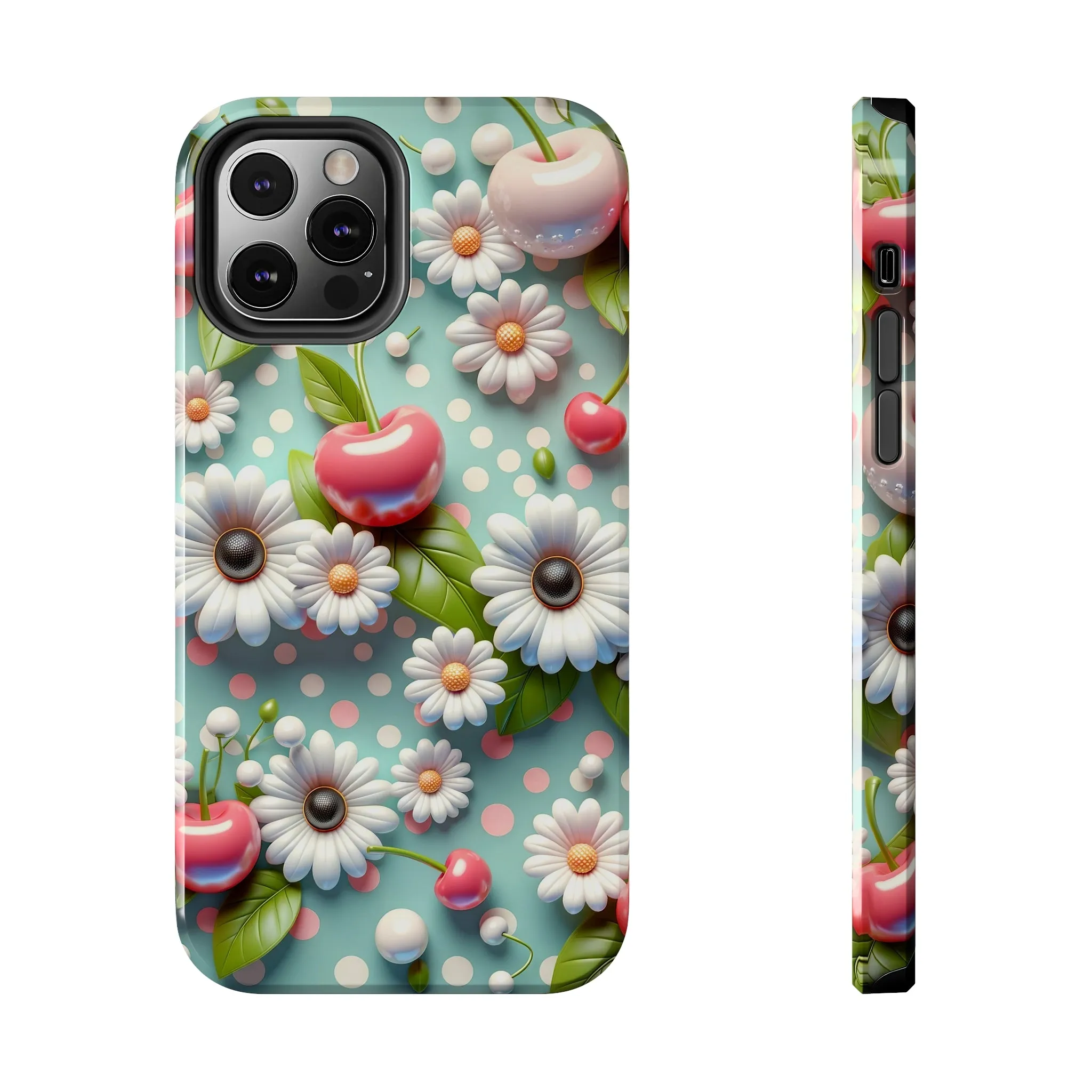 Cute Cherries and Flowers Digital print Design Tough Phone Case compatible with a large variety of iPhone models, Gift, Phone Case