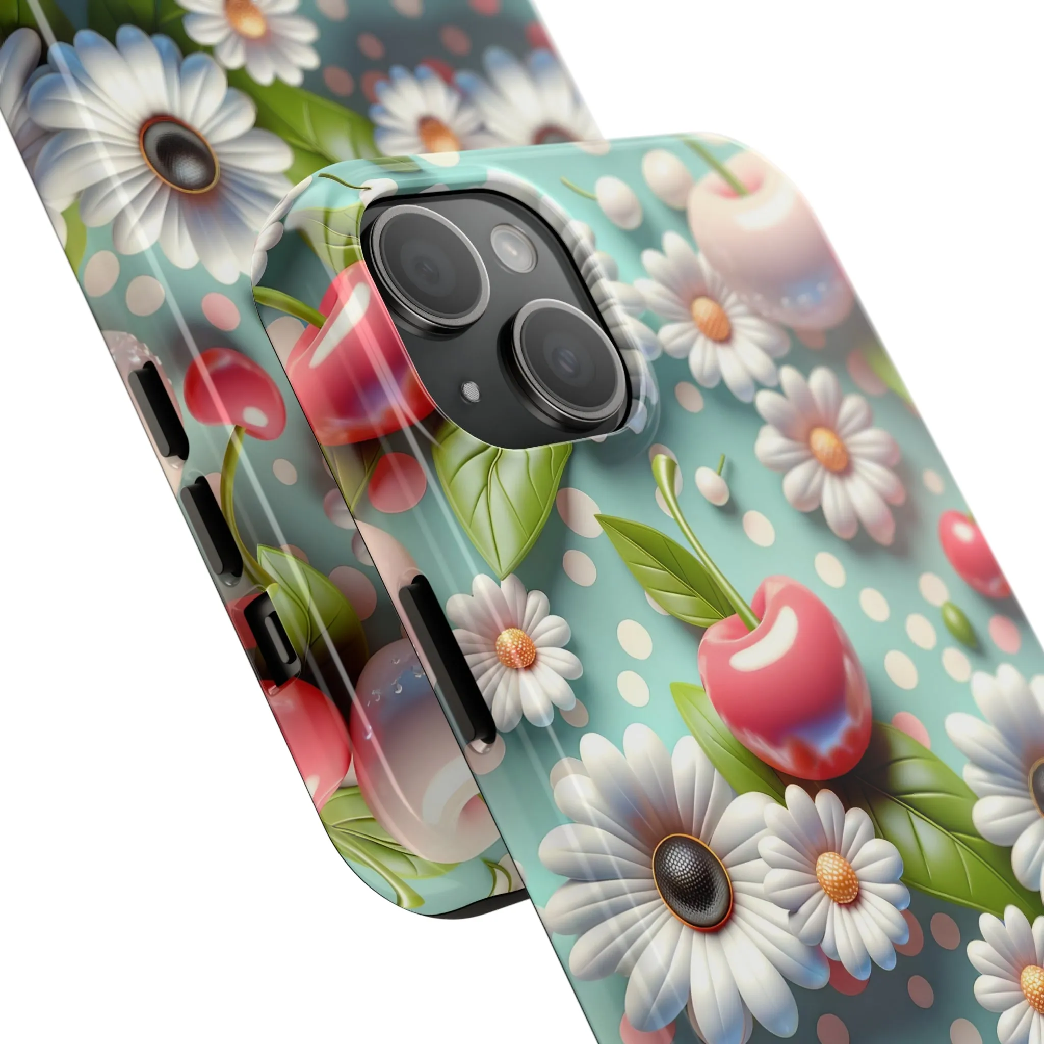 Cute Cherries and Flowers Digital print Design Tough Phone Case compatible with a large variety of iPhone models, Gift, Phone Case