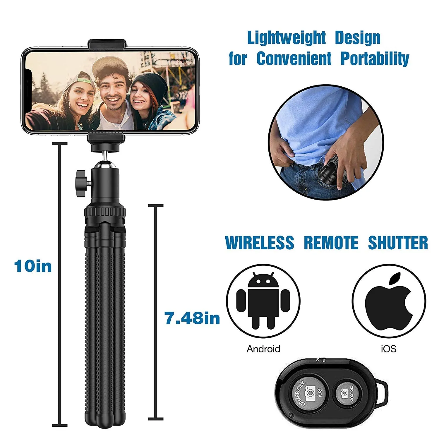 Flexible 360° Rotating Mini Tripod Stand With Wireless Remote and Universal Clip