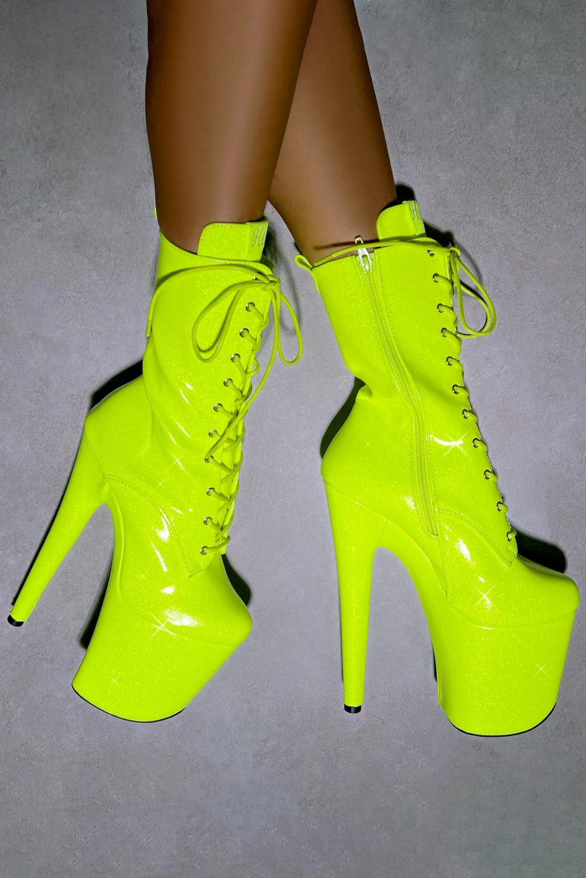 Hella Heels The Glitterati 8inch Boots - Citrus Yellow Burst