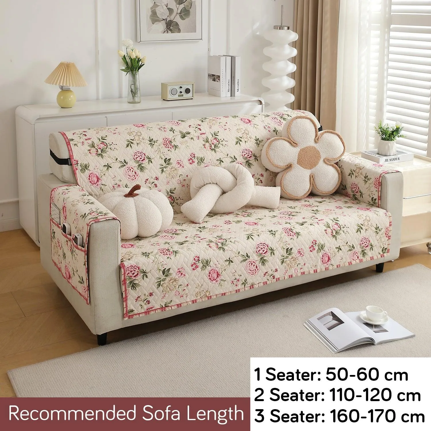 HOKIPO Quilted 1/2/3 Seater Sofa Cover with Pockets, Beige Peonies