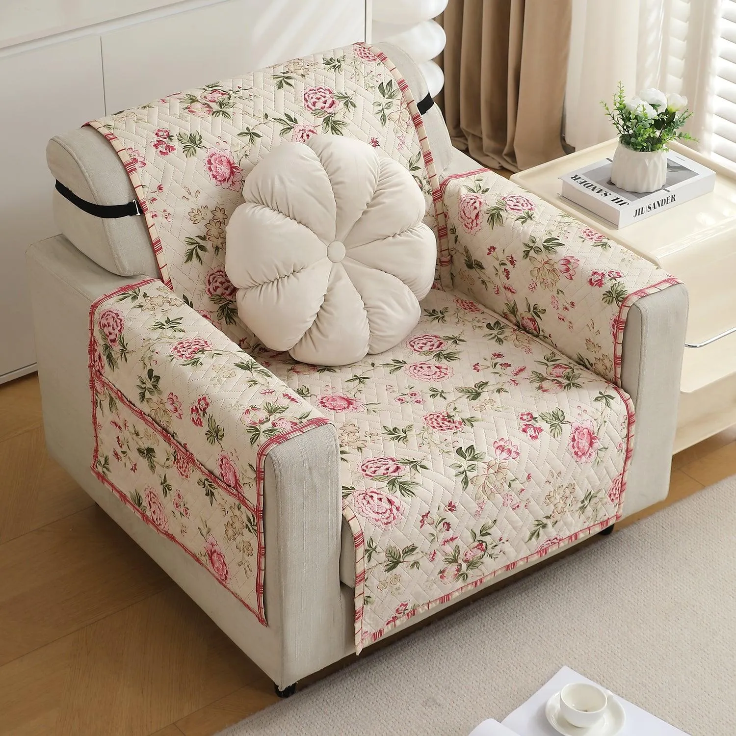 HOKIPO Quilted 1/2/3 Seater Sofa Cover with Pockets, Beige Peonies