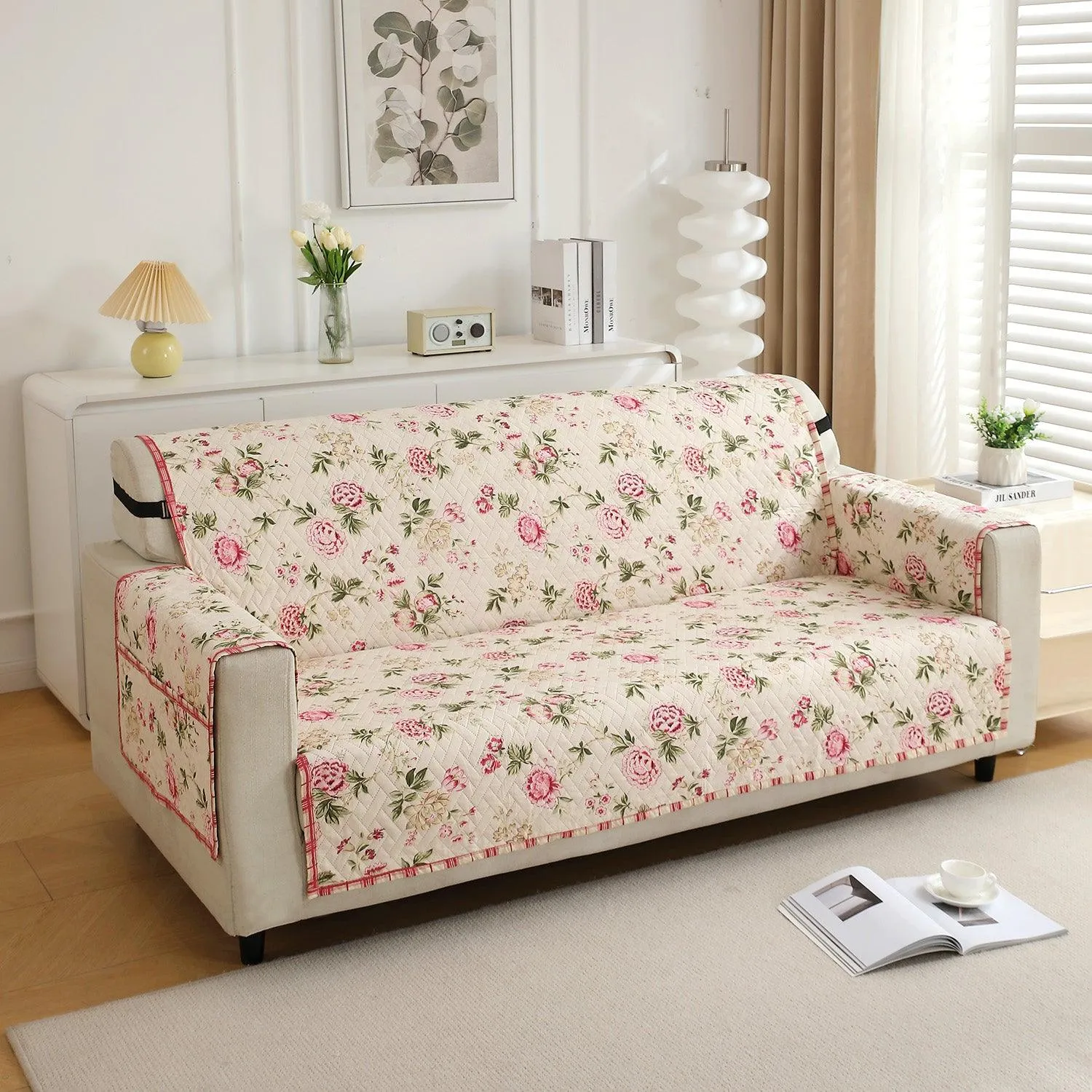 HOKIPO Quilted 1/2/3 Seater Sofa Cover with Pockets, Beige Peonies