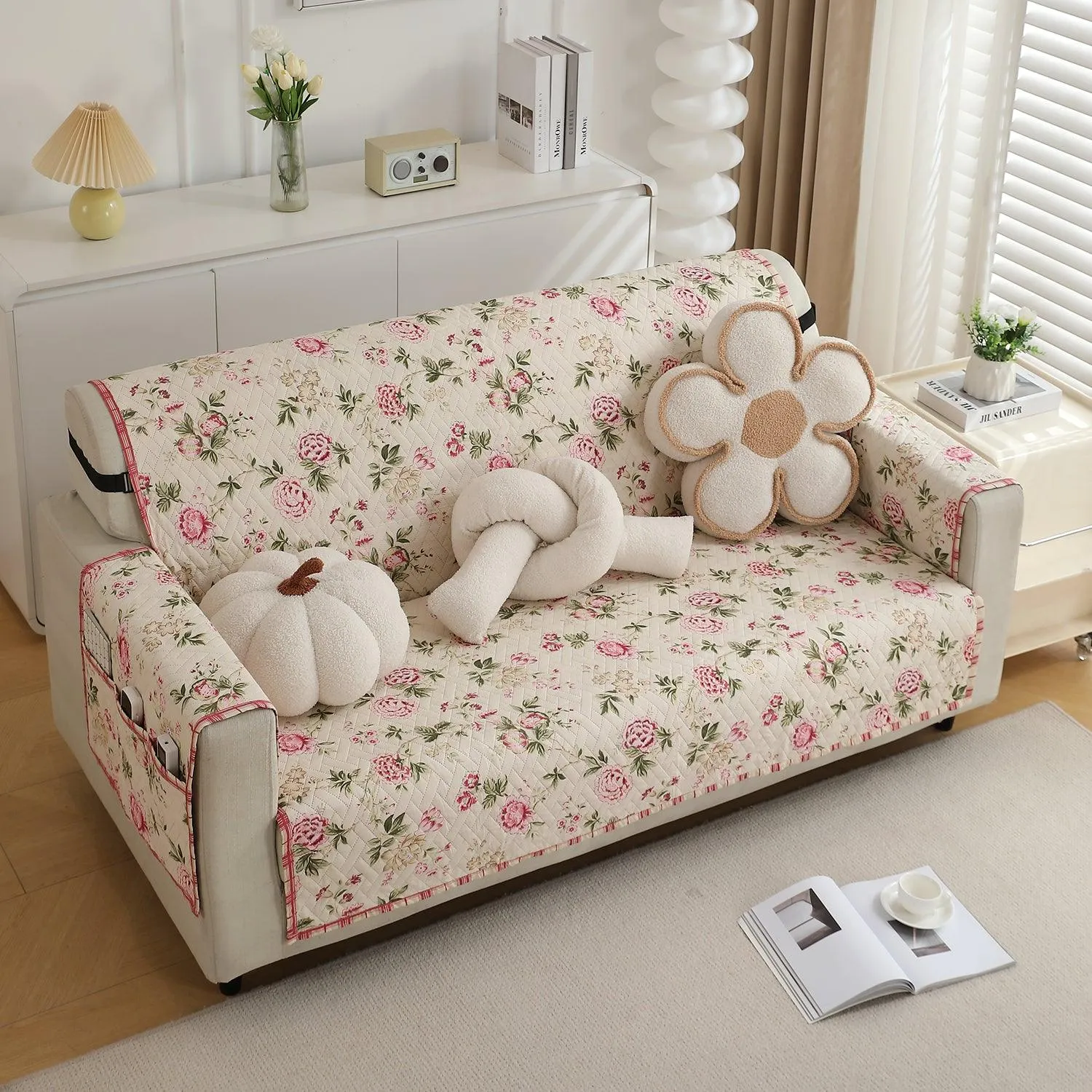 HOKIPO Quilted 1/2/3 Seater Sofa Cover with Pockets, Beige Peonies