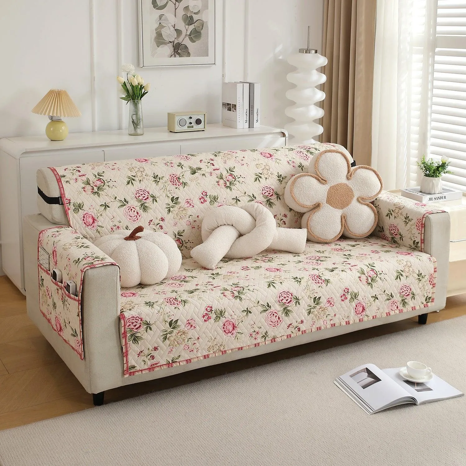 HOKIPO Quilted 1/2/3 Seater Sofa Cover with Pockets, Beige Peonies