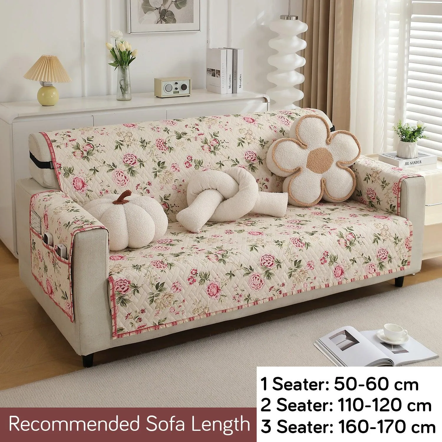 HOKIPO Quilted 1/2/3 Seater Sofa Cover with Pockets, Beige Peonies