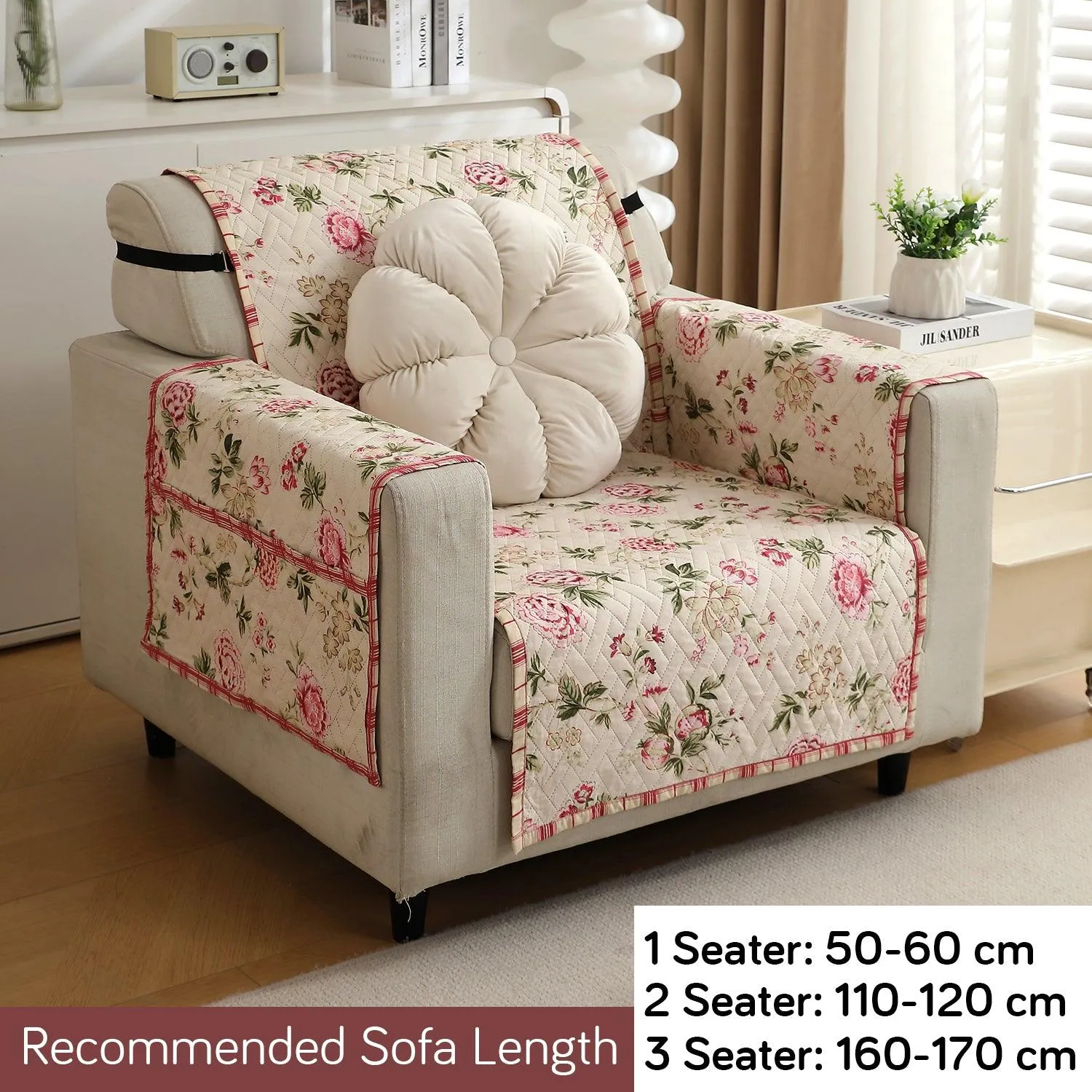 HOKIPO Quilted 1/2/3 Seater Sofa Cover with Pockets, Beige Peonies