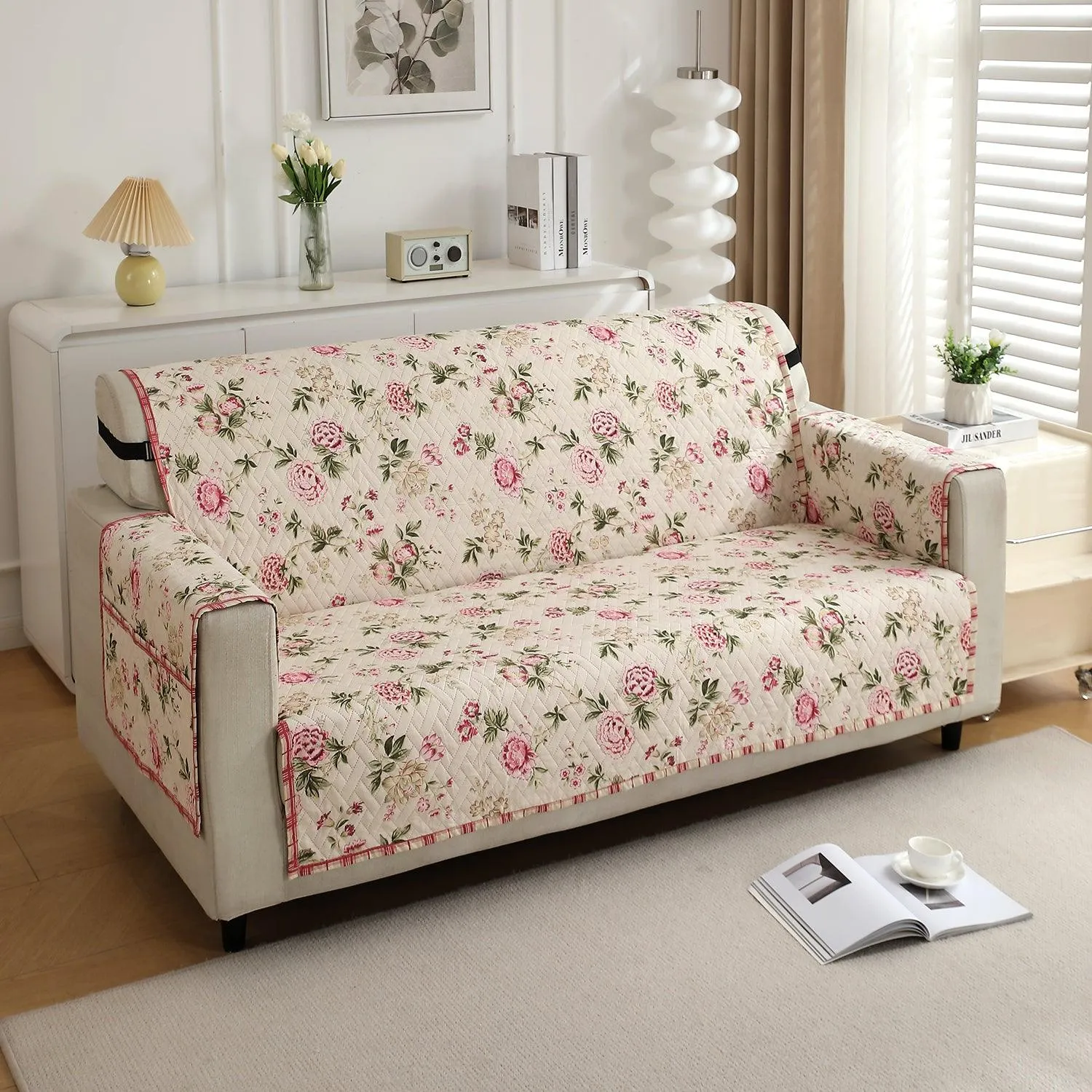 HOKIPO Quilted 1/2/3 Seater Sofa Cover with Pockets, Beige Peonies