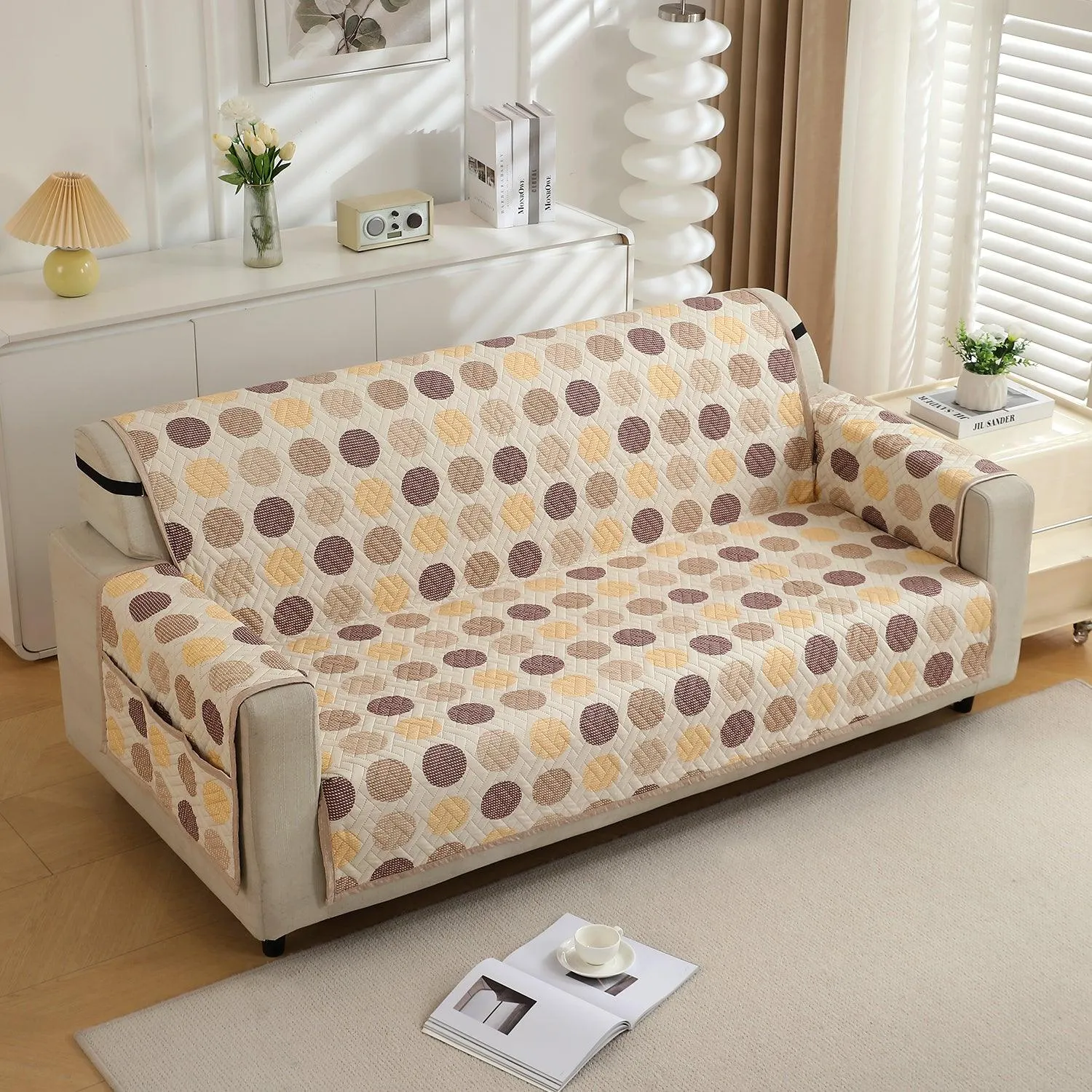 HOKIPO Quilted 1/2/3 Seater Sofa Cover with Pockets, Brown Polka Dot