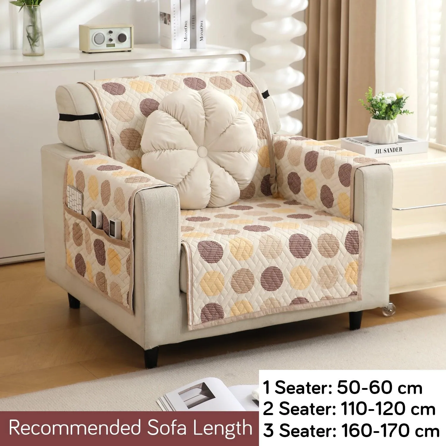 HOKIPO Quilted 1/2/3 Seater Sofa Cover with Pockets, Brown Polka Dot