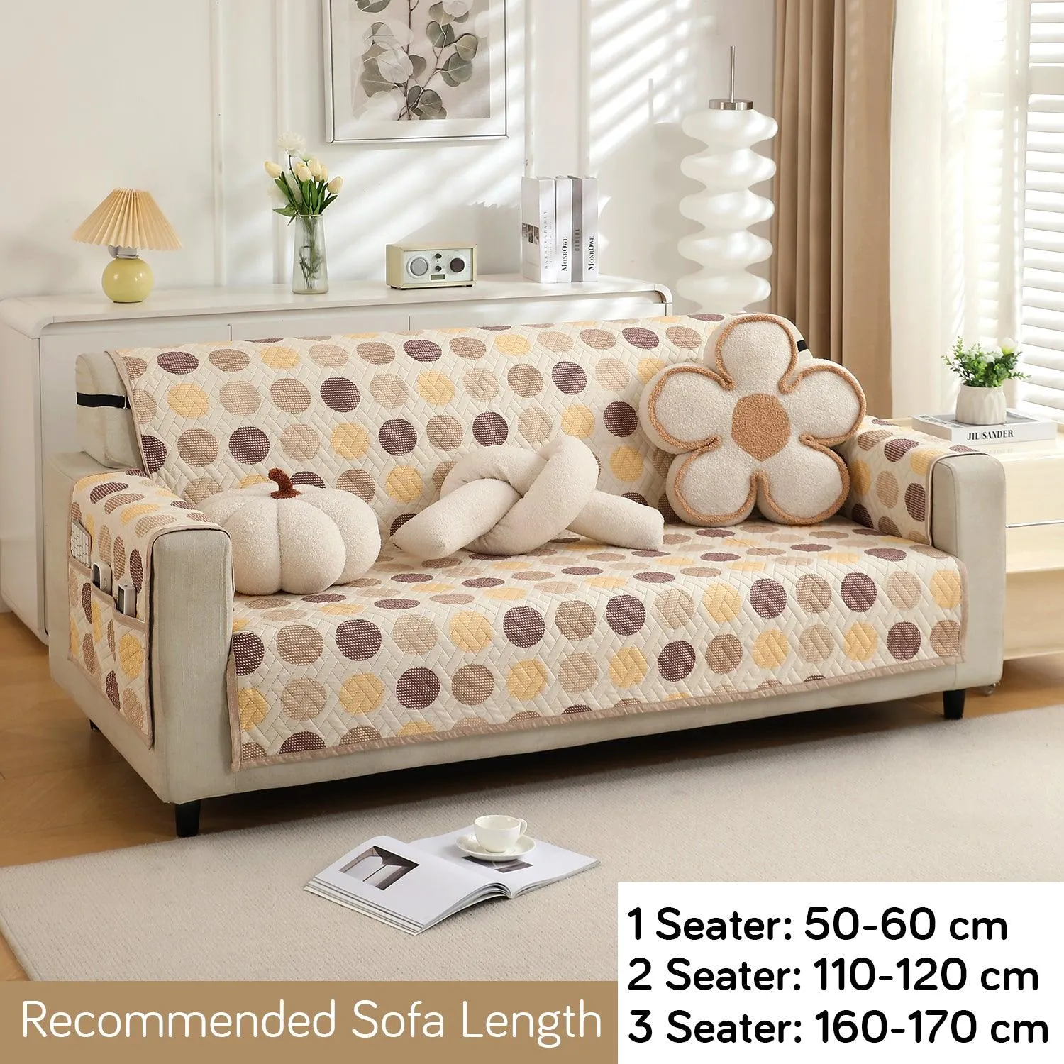 HOKIPO Quilted 1/2/3 Seater Sofa Cover with Pockets, Brown Polka Dot