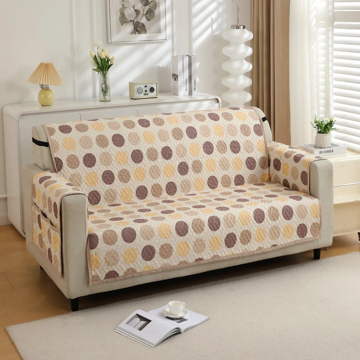 HOKIPO Quilted 1/2/3 Seater Sofa Cover with Pockets, Brown Polka Dot