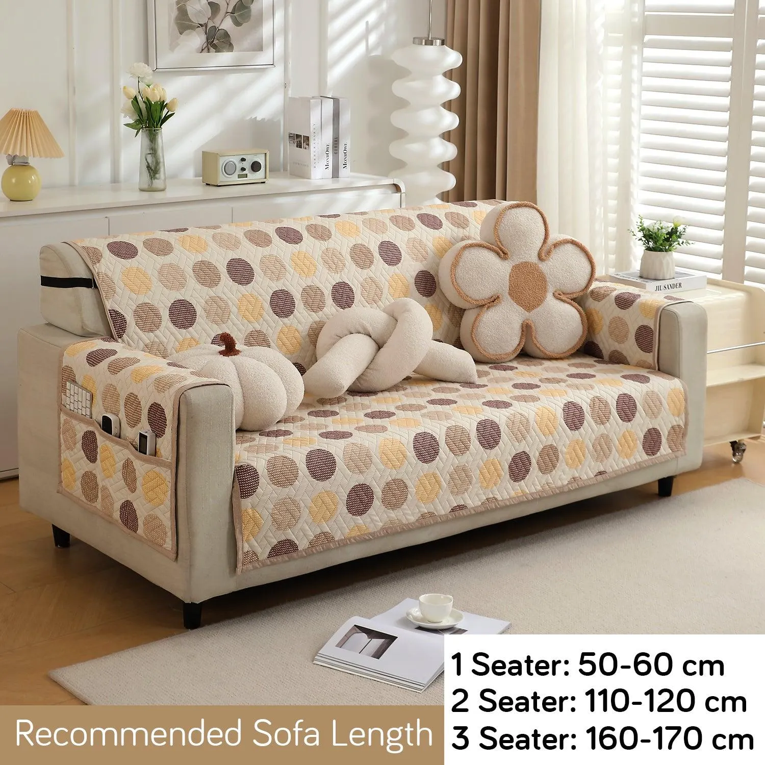 HOKIPO Quilted 1/2/3 Seater Sofa Cover with Pockets, Brown Polka Dot