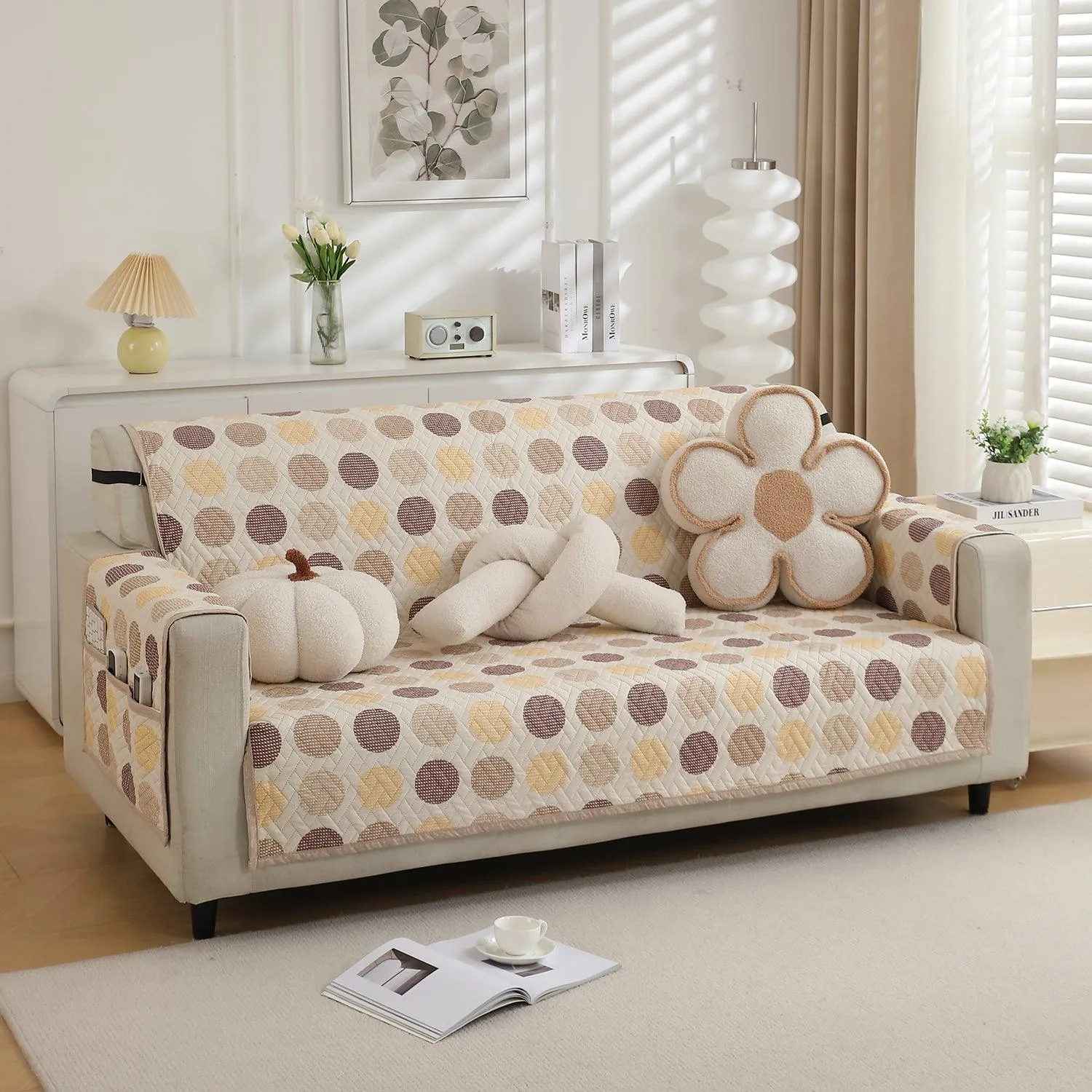 HOKIPO Quilted 1/2/3 Seater Sofa Cover with Pockets, Brown Polka Dot