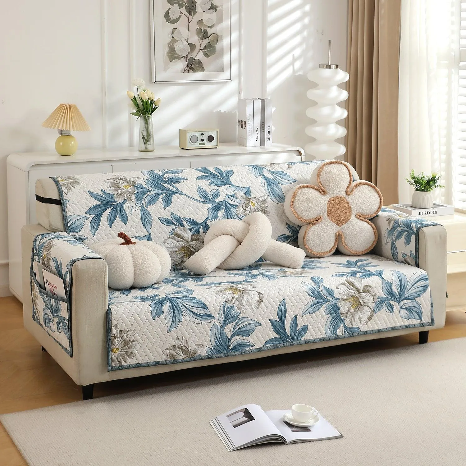 HOKIPO Quilted 1/2/3 Seater Sofa Cover with Pockets, Celadon Blue Camellia