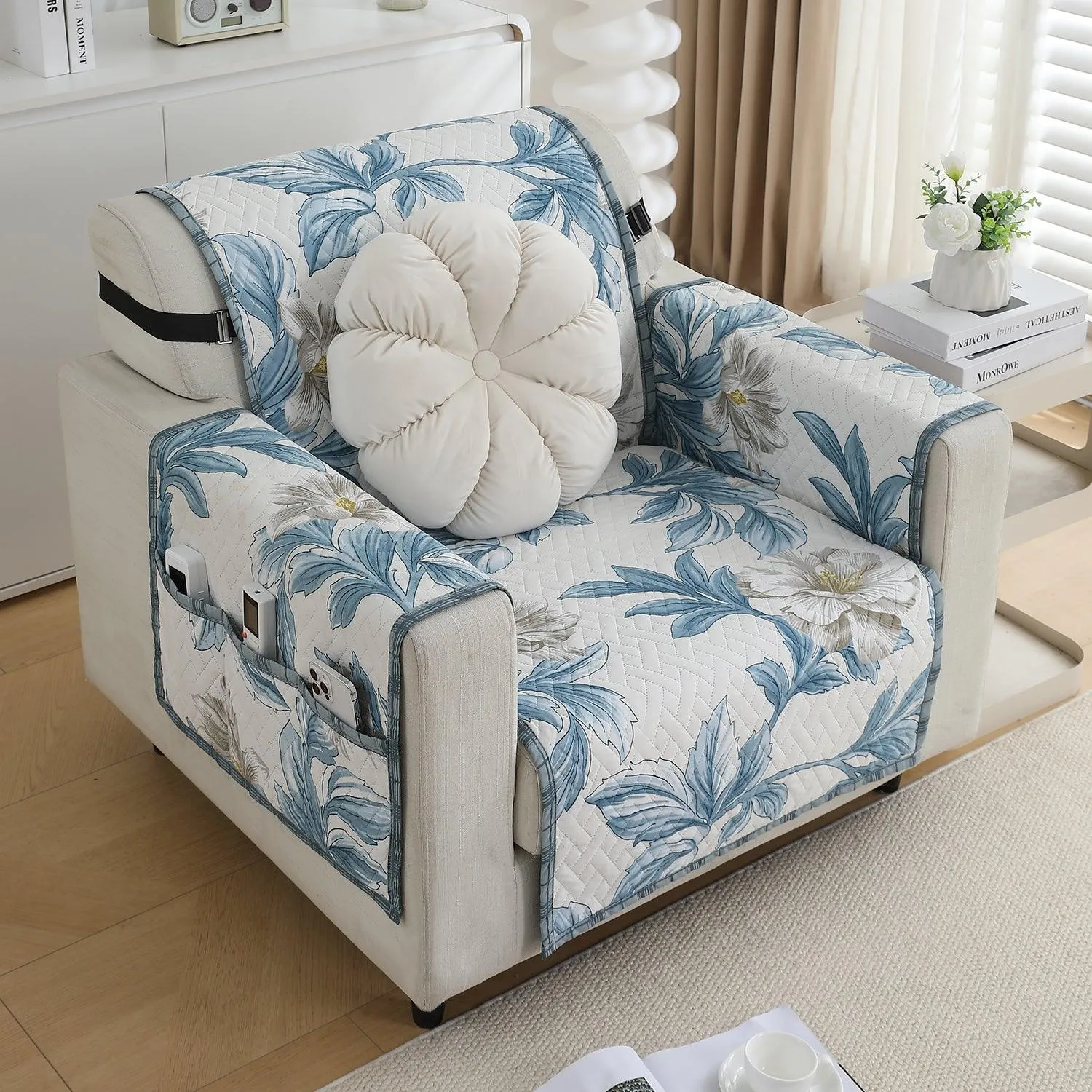 HOKIPO Quilted 1/2/3 Seater Sofa Cover with Pockets, Celadon Blue Camellia