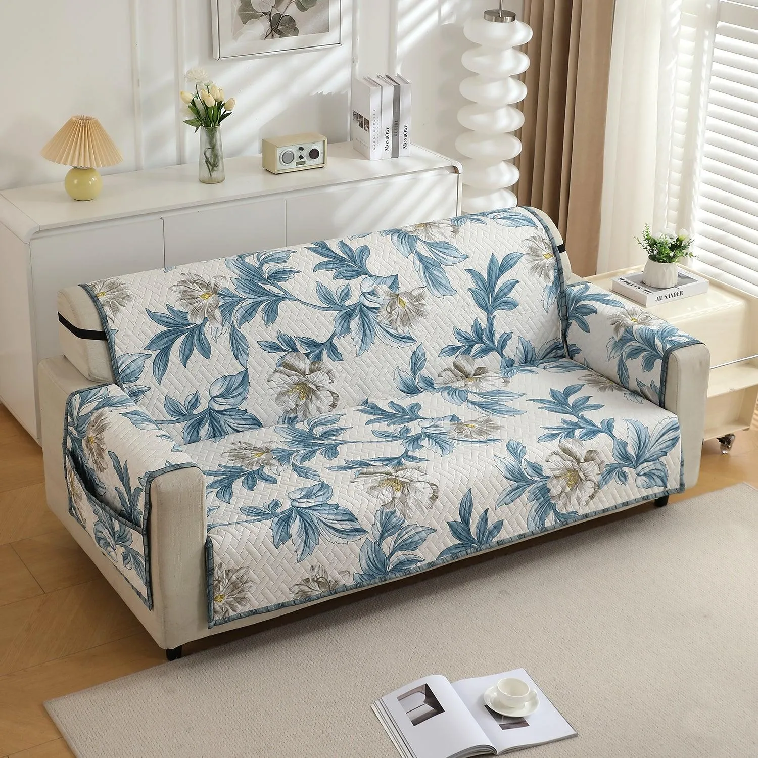 HOKIPO Quilted 1/2/3 Seater Sofa Cover with Pockets, Celadon Blue Camellia