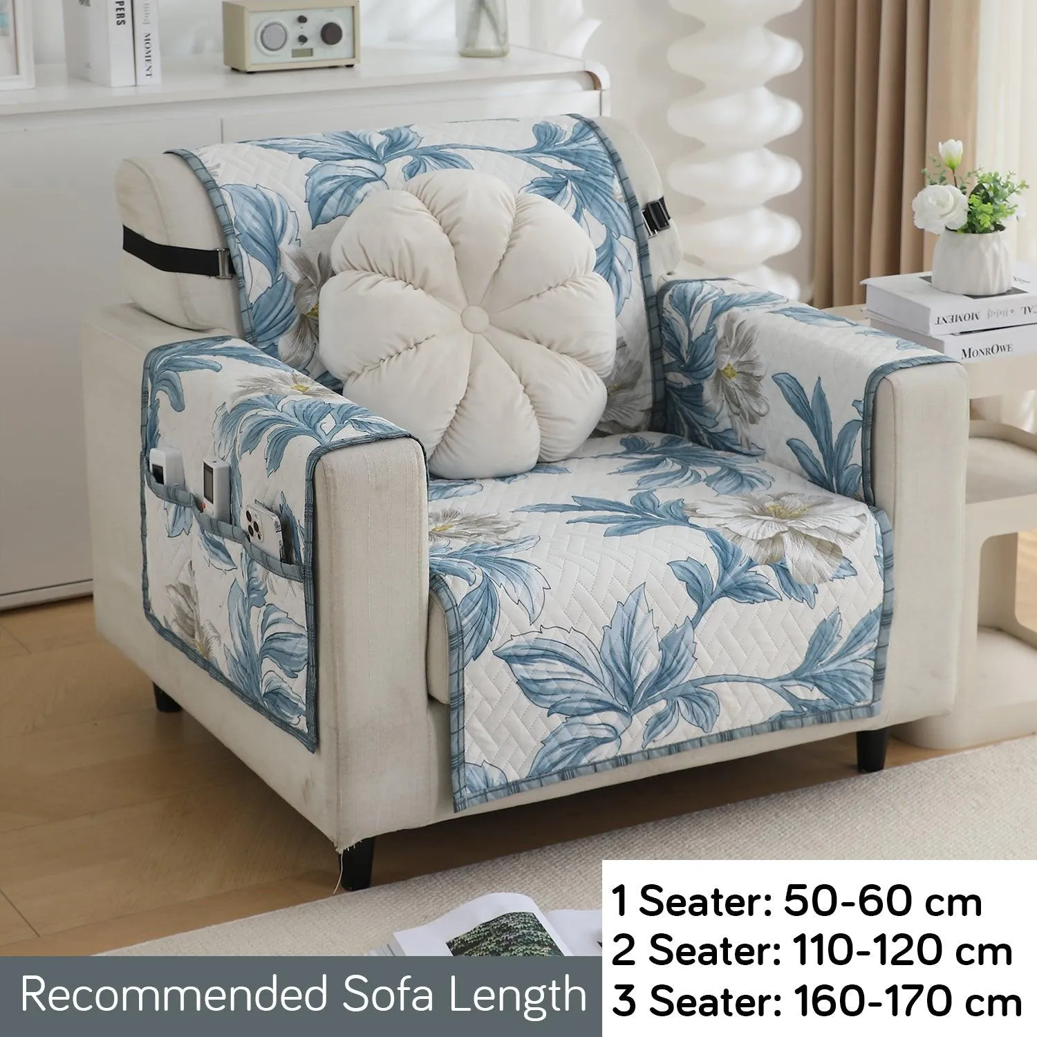 HOKIPO Quilted 1/2/3 Seater Sofa Cover with Pockets, Celadon Blue Camellia