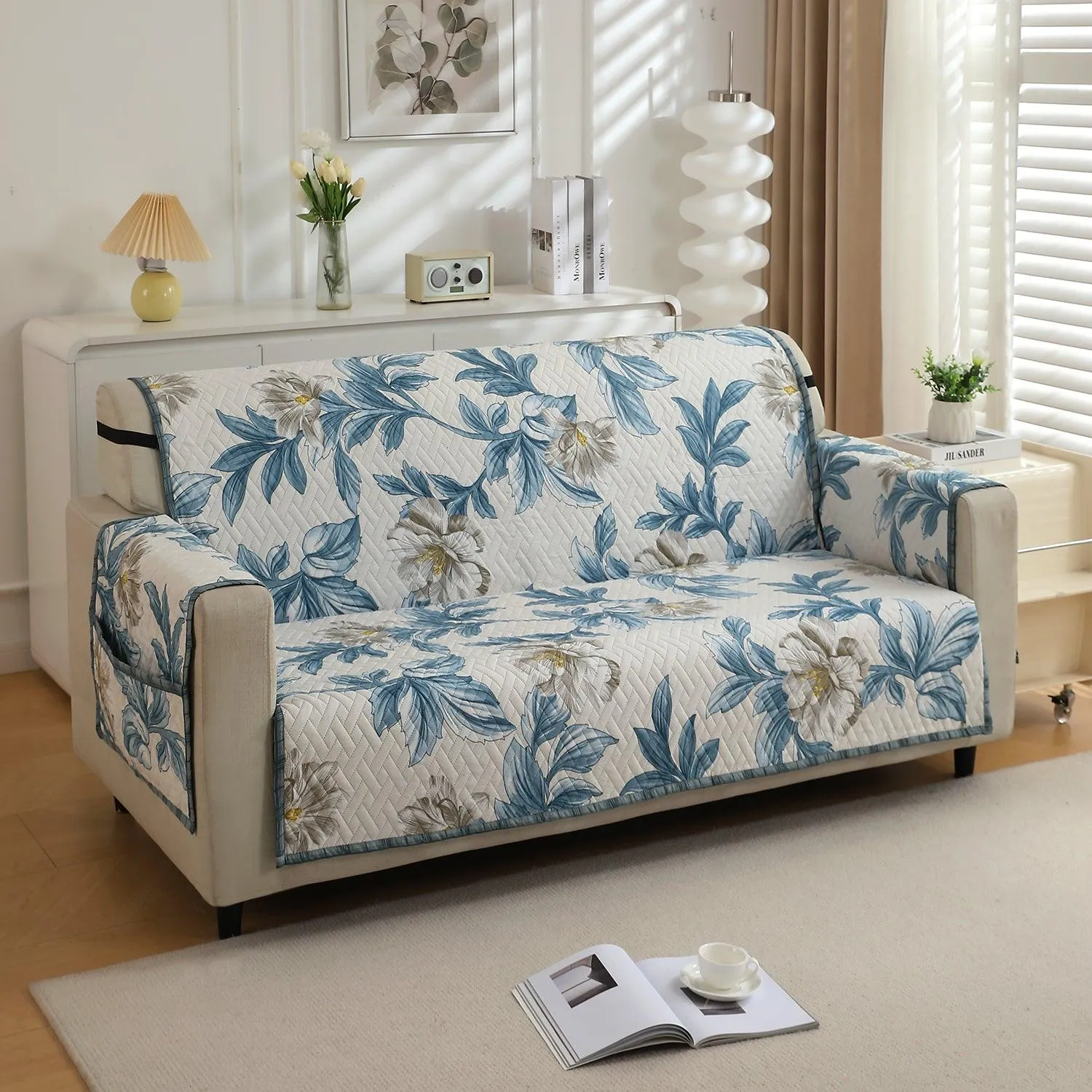 HOKIPO Quilted 1/2/3 Seater Sofa Cover with Pockets, Celadon Blue Camellia