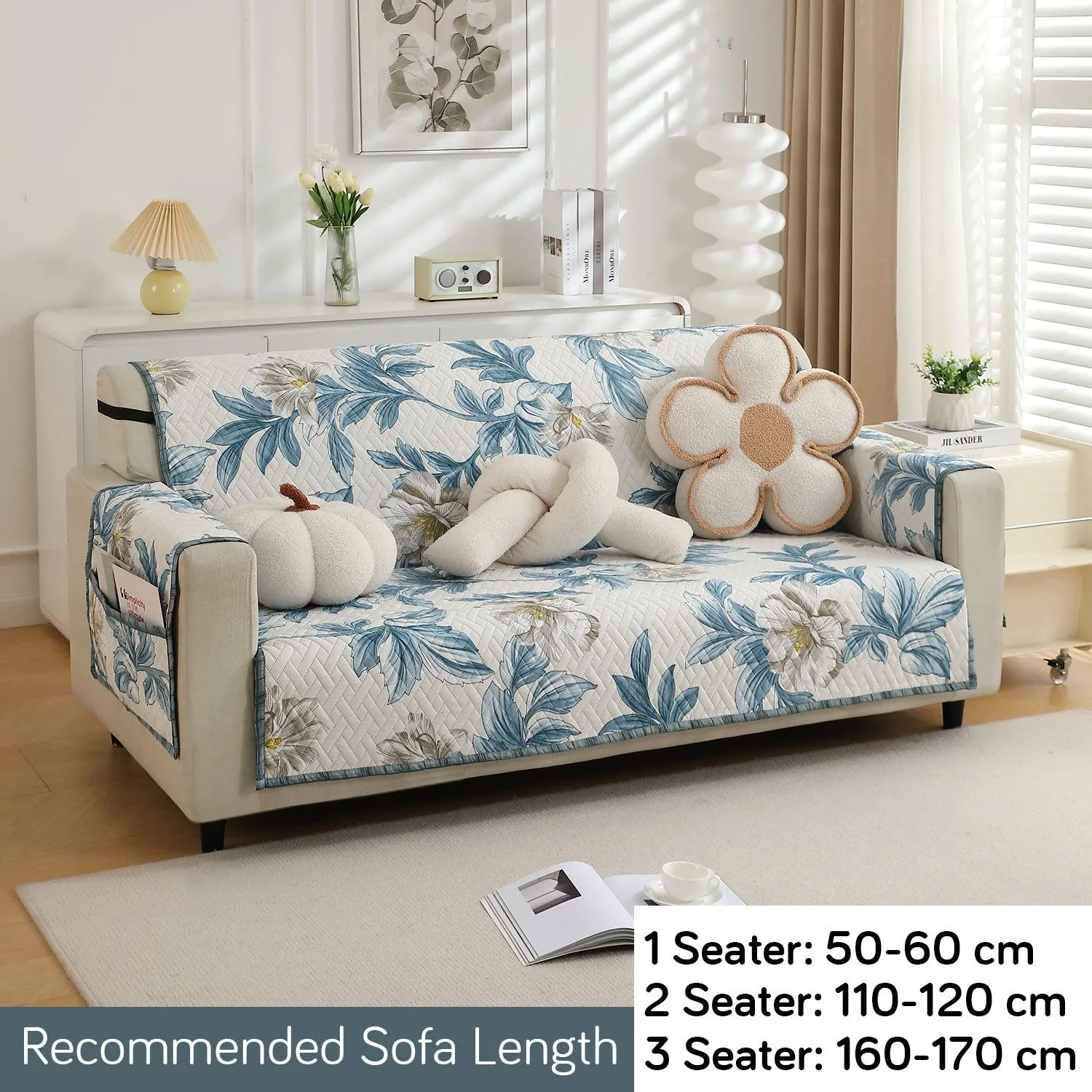 HOKIPO Quilted 1/2/3 Seater Sofa Cover with Pockets, Celadon Blue Camellia