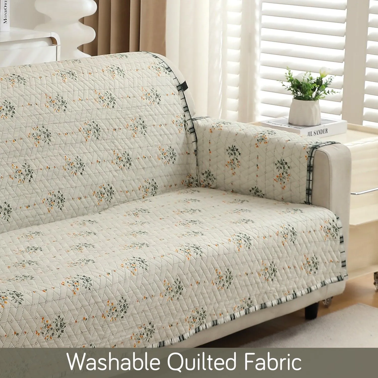 HOKIPO Quilted 1/2/3 Seater Sofa Cover with Pockets, Light Green Ash Gypsy Floral