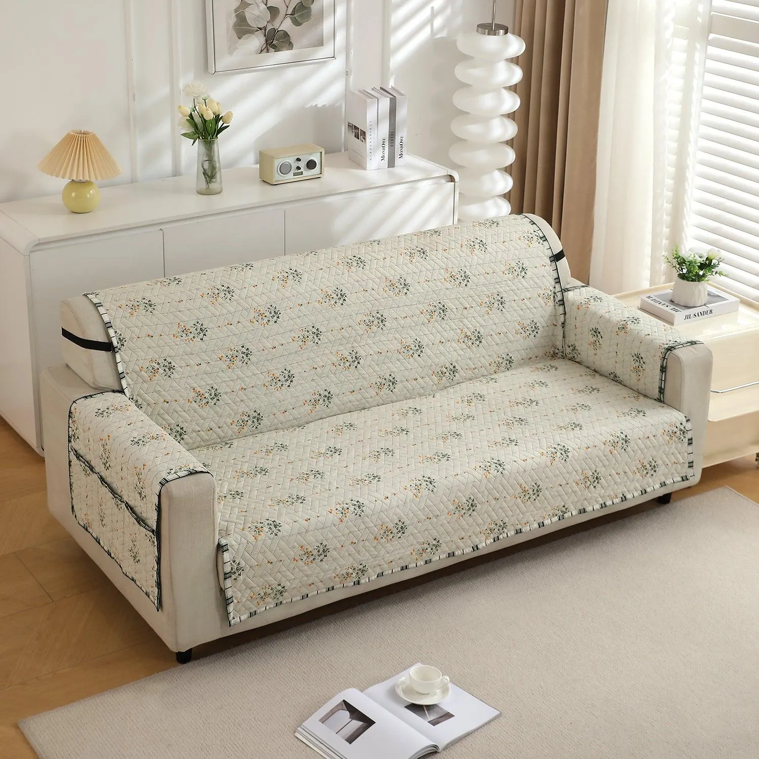 HOKIPO Quilted 1/2/3 Seater Sofa Cover with Pockets, Light Green Ash Gypsy Floral