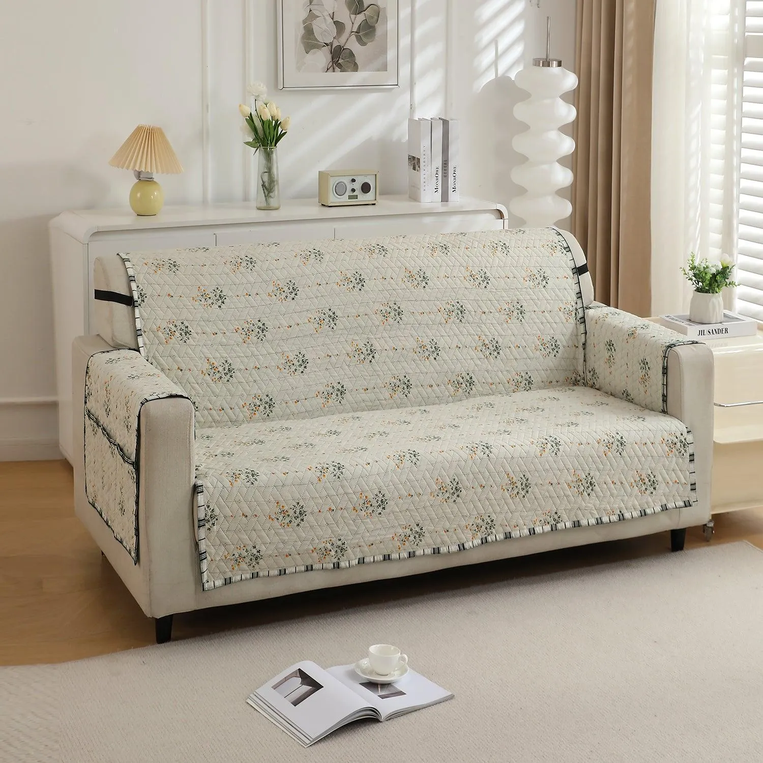 HOKIPO Quilted 1/2/3 Seater Sofa Cover with Pockets, Light Green Ash Gypsy Floral