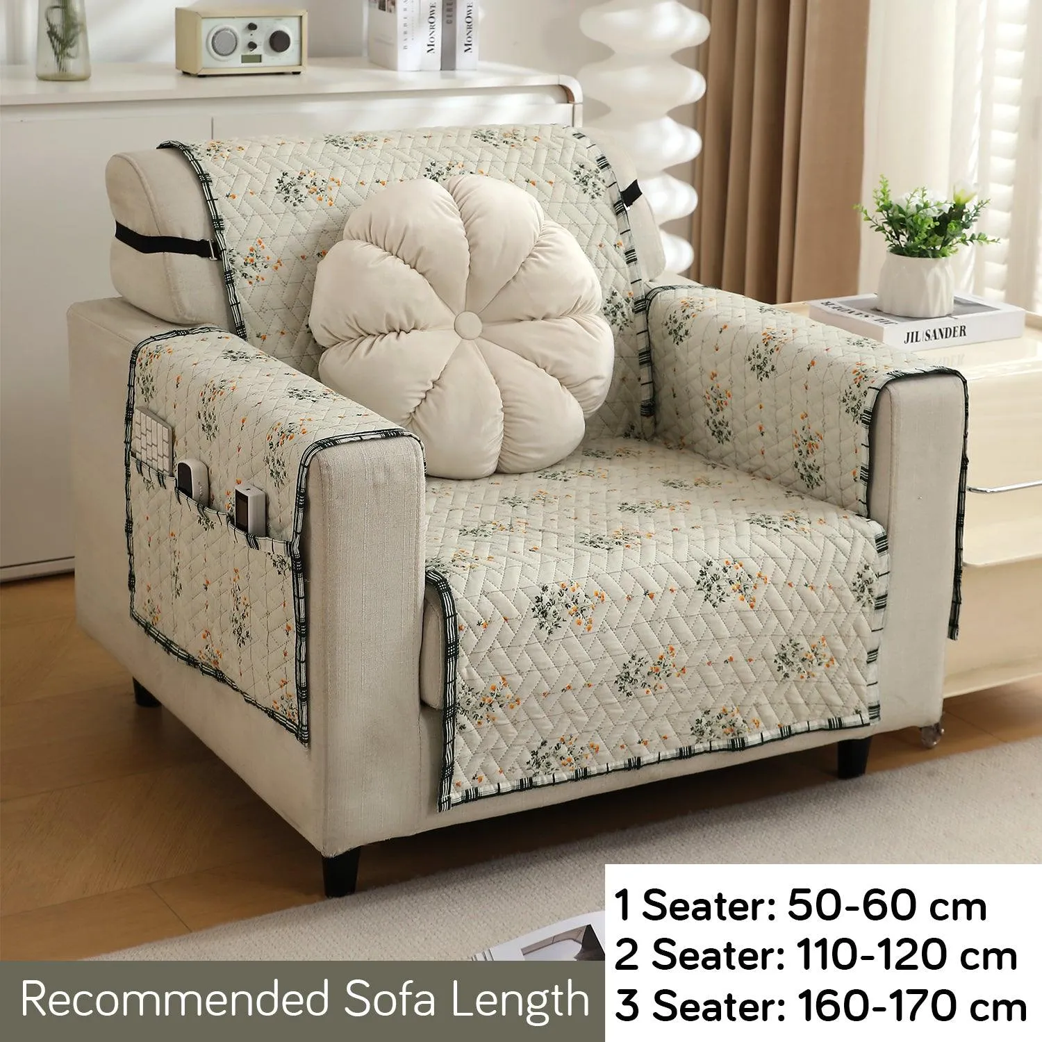 HOKIPO Quilted 1/2/3 Seater Sofa Cover with Pockets, Light Green Ash Gypsy Floral