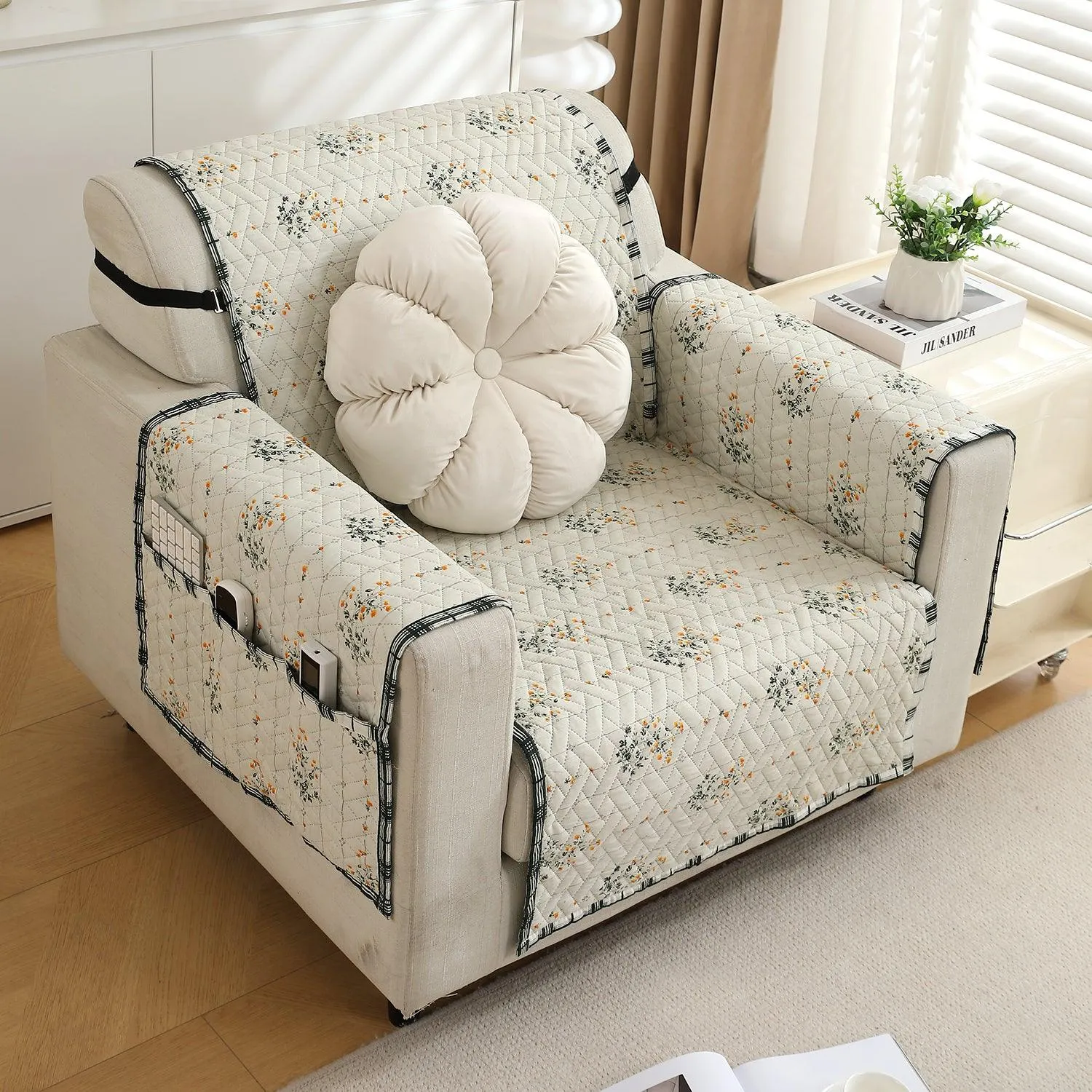 HOKIPO Quilted 1/2/3 Seater Sofa Cover with Pockets, Light Green Ash Gypsy Floral