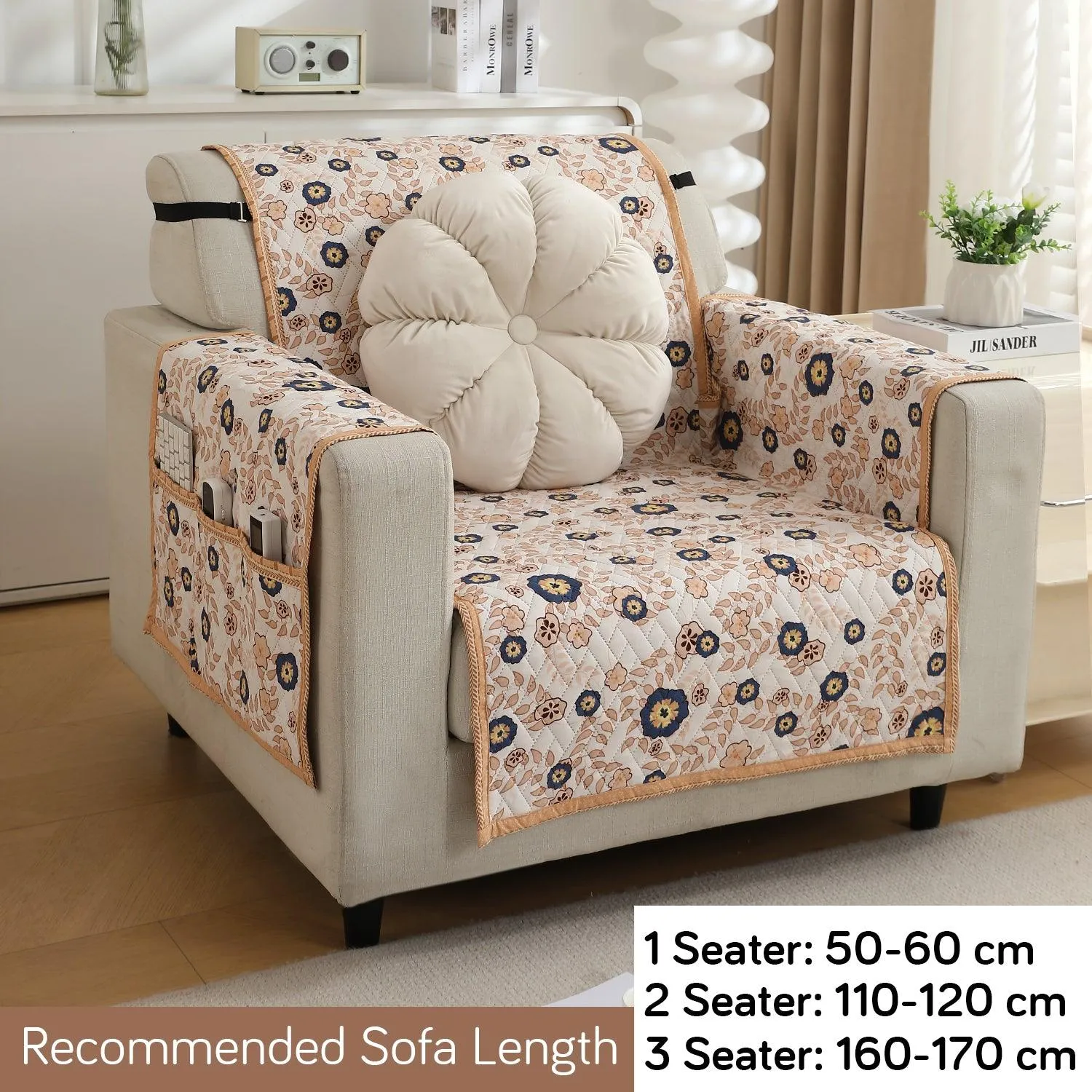 HOKIPO Quilted 1/2/3 Seater Sofa Cover with Pockets, Light Peach Candytuft