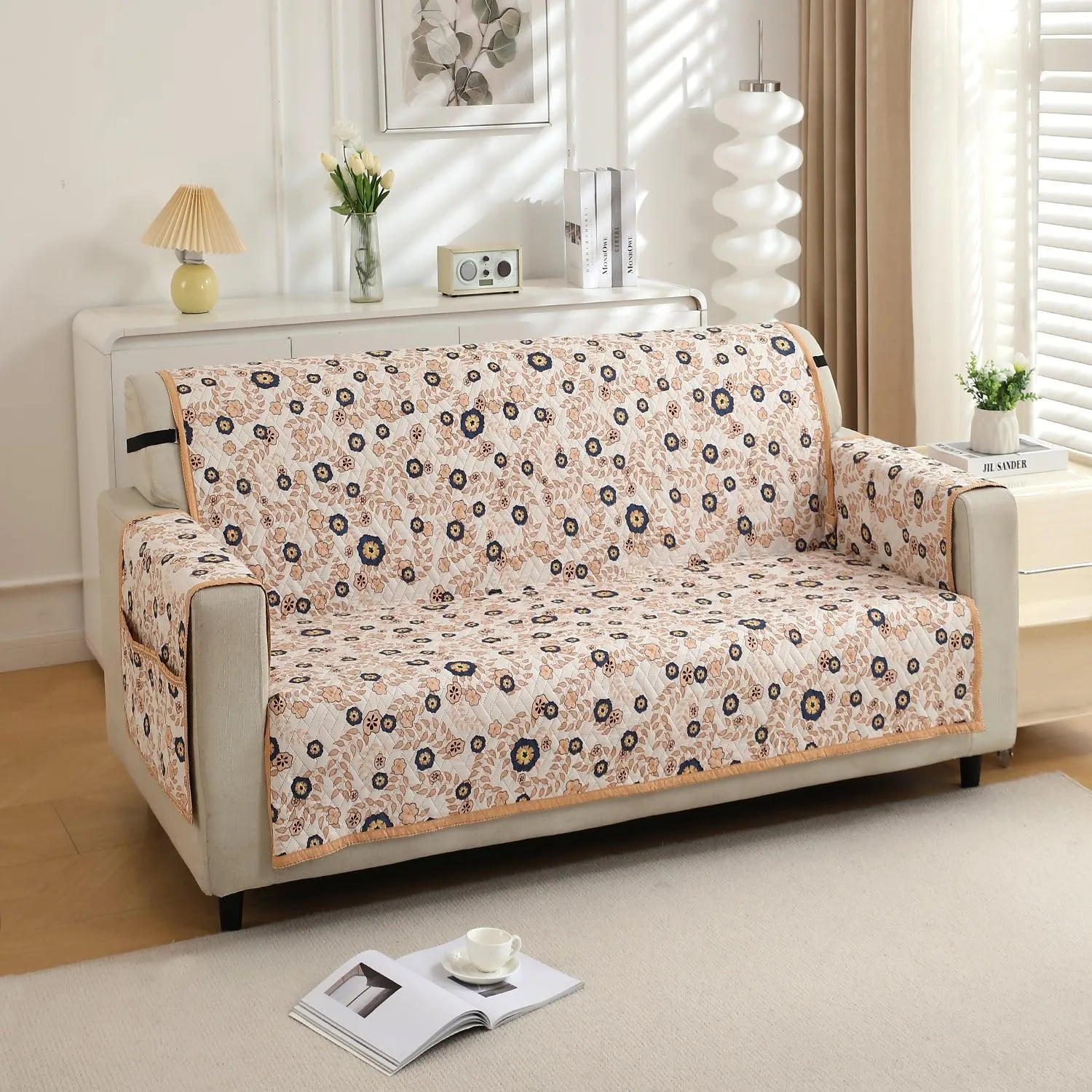 HOKIPO Quilted 1/2/3 Seater Sofa Cover with Pockets, Light Peach Candytuft