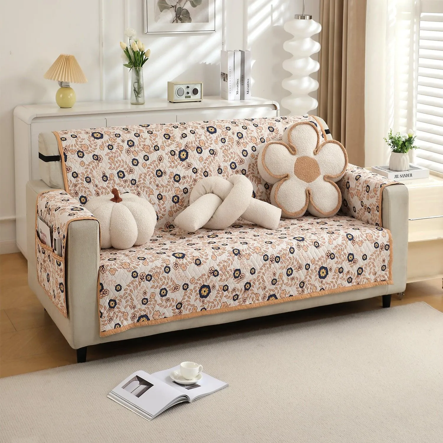 HOKIPO Quilted 1/2/3 Seater Sofa Cover with Pockets, Light Peach Candytuft