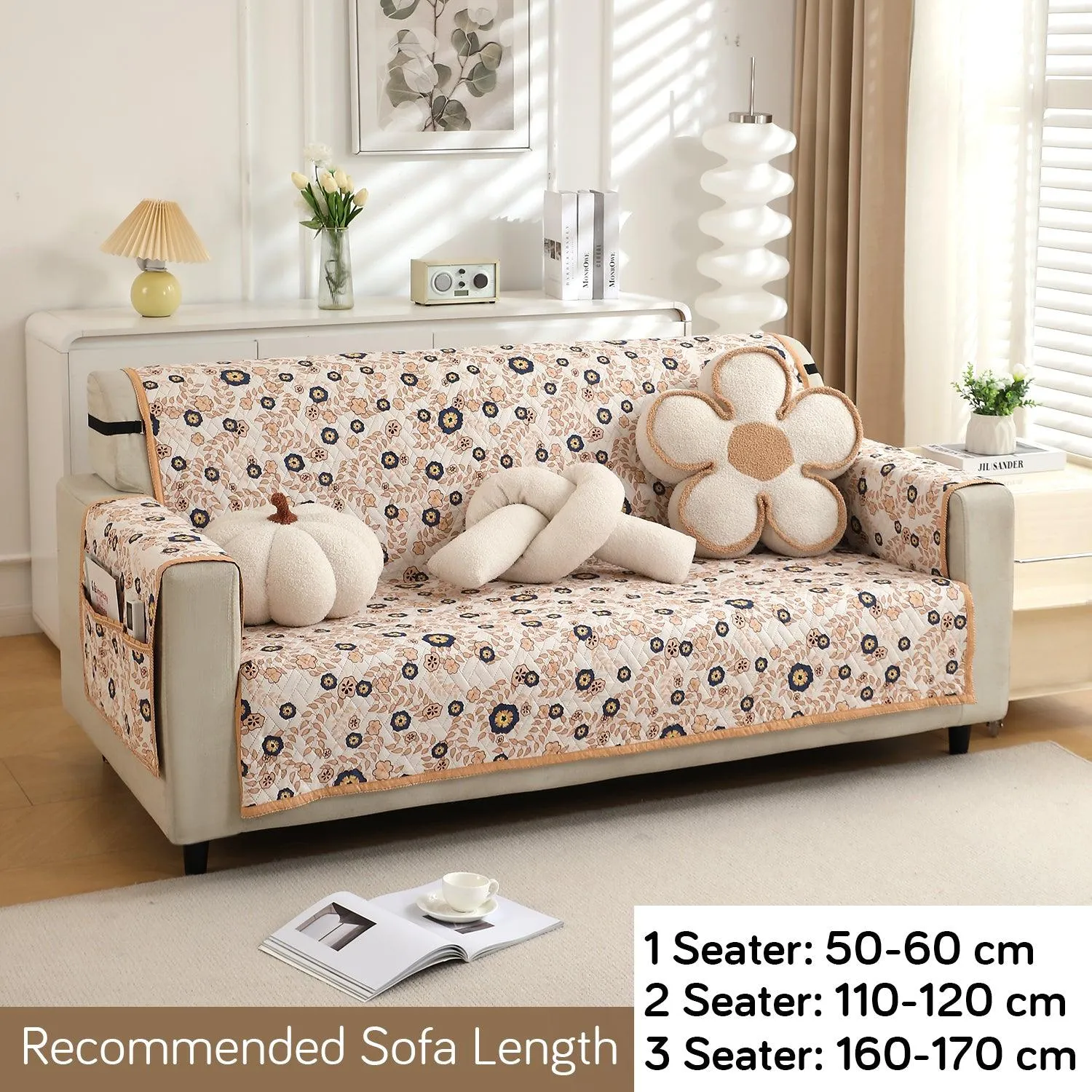 HOKIPO Quilted 1/2/3 Seater Sofa Cover with Pockets, Light Peach Candytuft