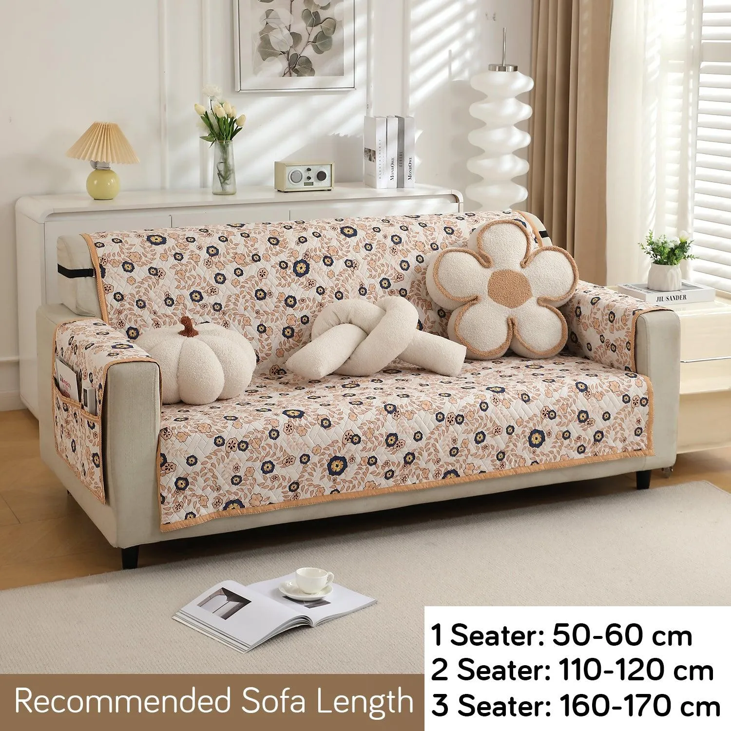 HOKIPO Quilted 1/2/3 Seater Sofa Cover with Pockets, Light Peach Candytuft