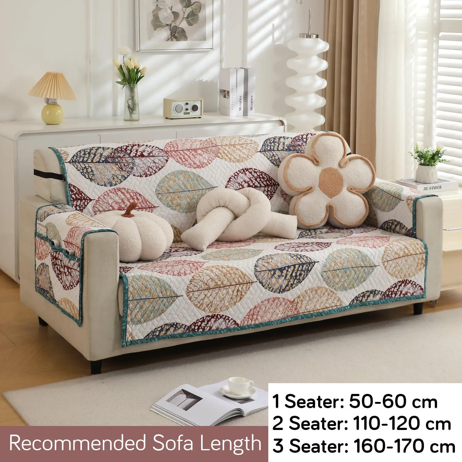 HOKIPO Quilted 1/2/3 Seater Sofa Cover with Pockets, Multicolor Linden Leaf