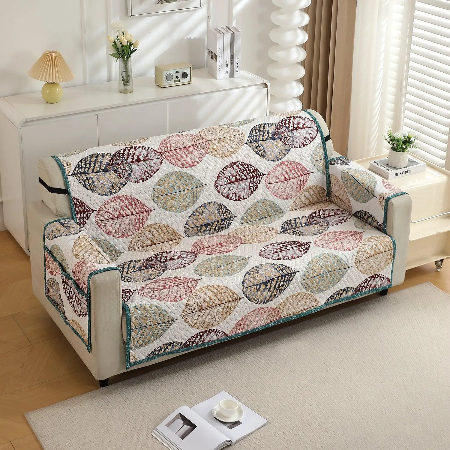 HOKIPO Quilted 1/2/3 Seater Sofa Cover with Pockets, Multicolor Linden Leaf