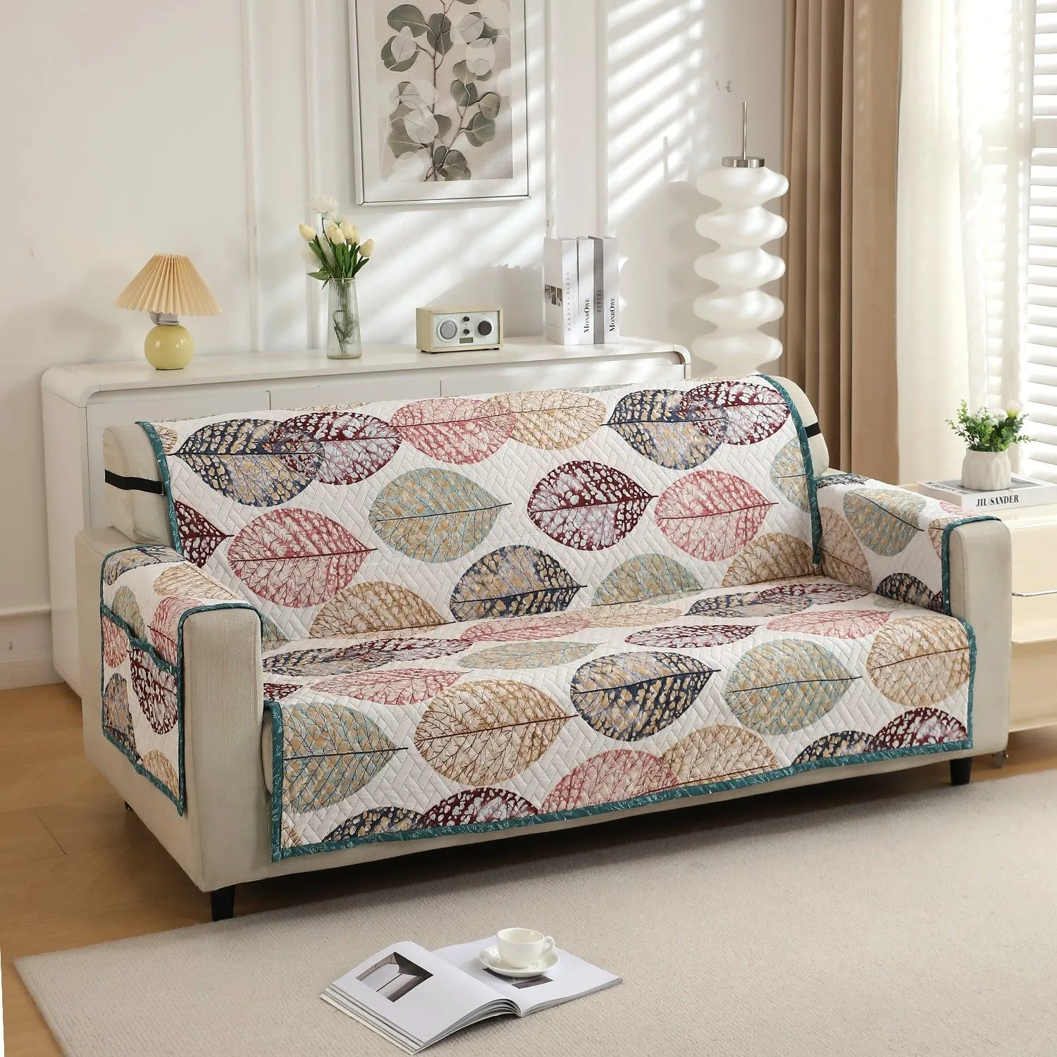 HOKIPO Quilted 1/2/3 Seater Sofa Cover with Pockets, Multicolor Linden Leaf