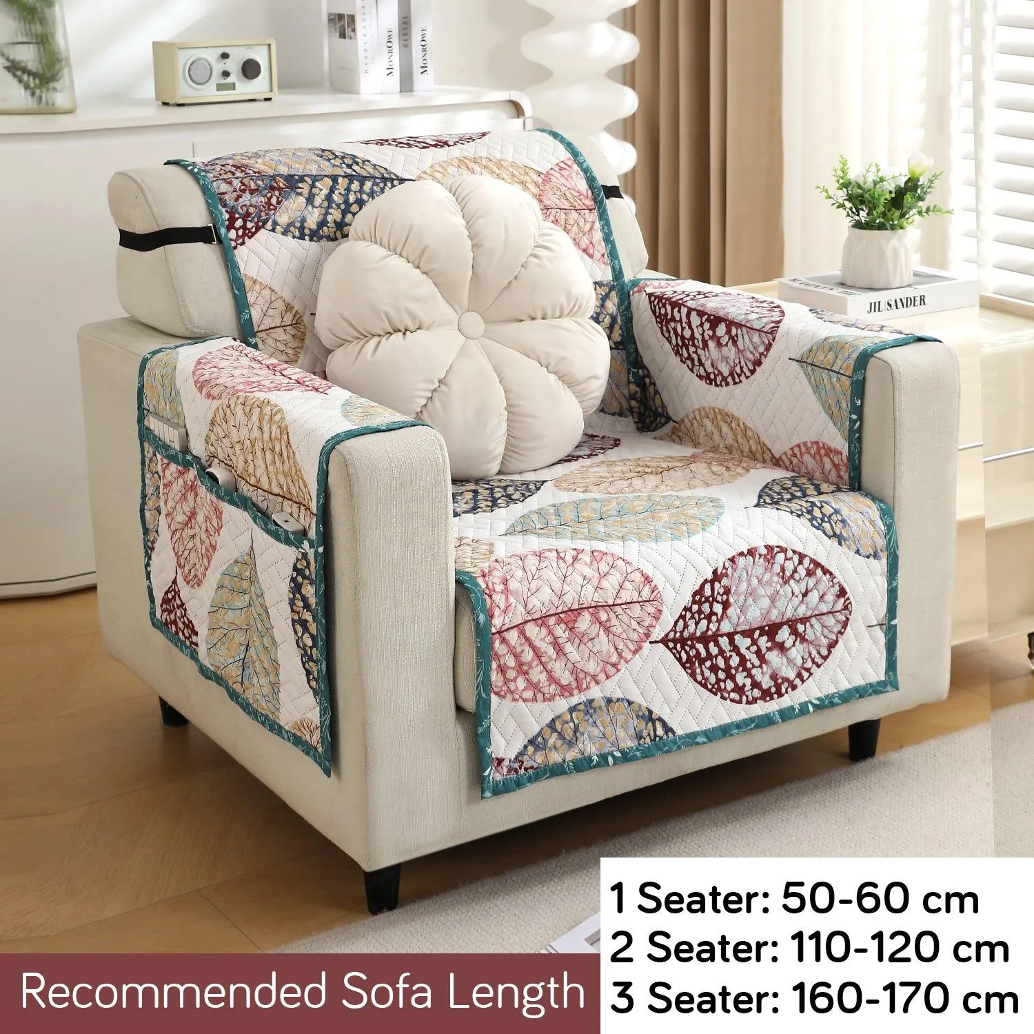 HOKIPO Quilted 1/2/3 Seater Sofa Cover with Pockets, Multicolor Linden Leaf