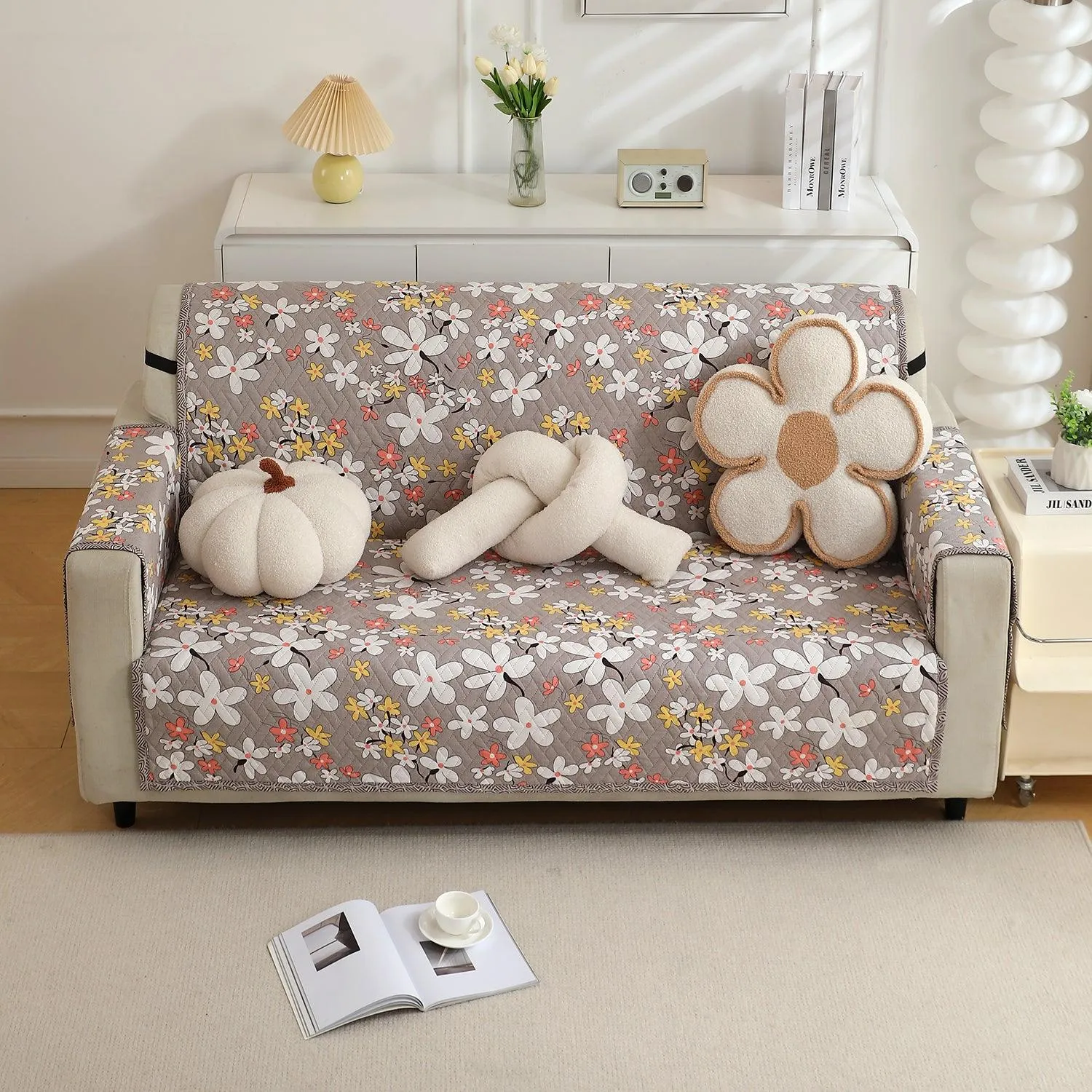 HOKIPO Quilted 1/2/3 Seater Sofa Cover with Pockets, Pastel Brown Sandwort Flower