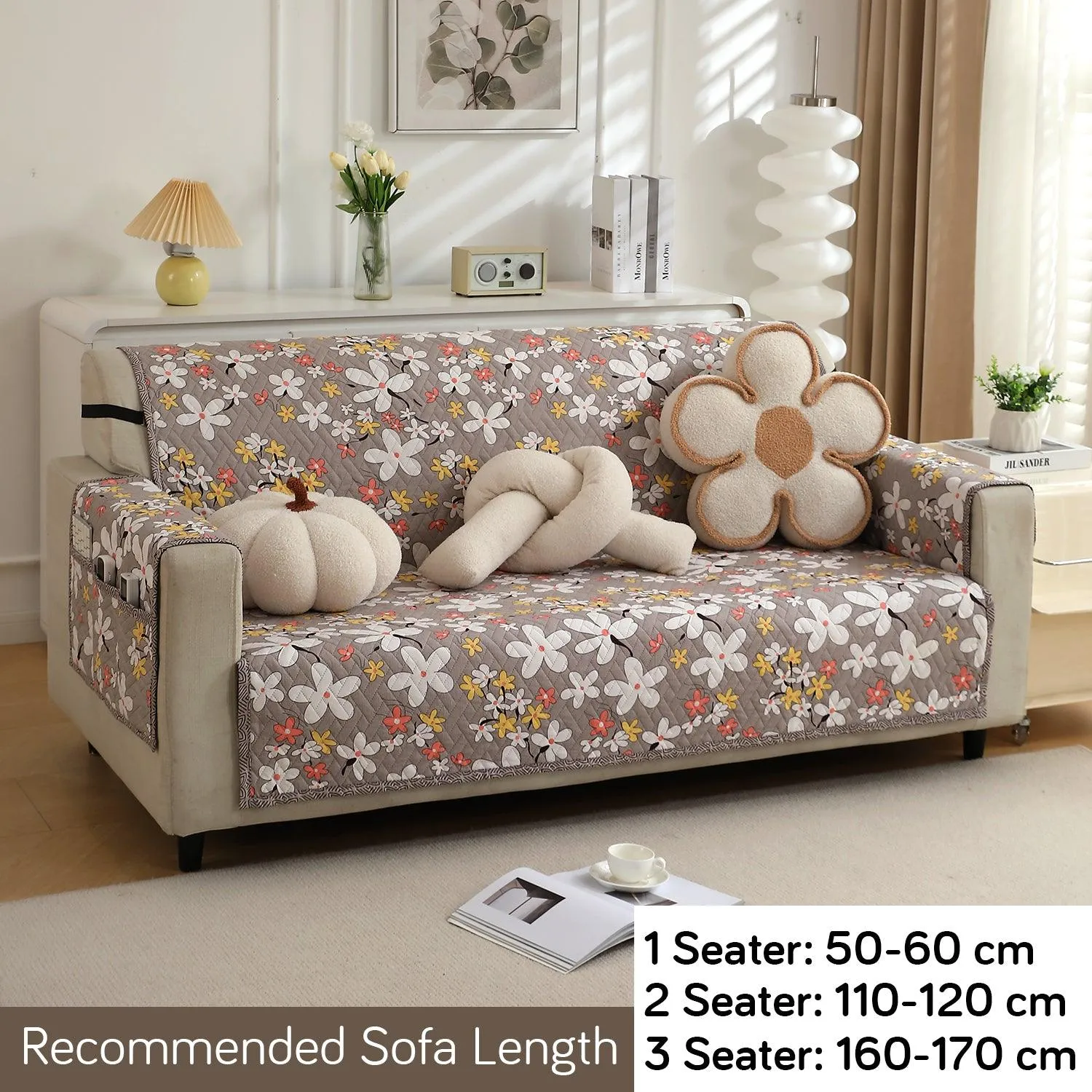 HOKIPO Quilted 1/2/3 Seater Sofa Cover with Pockets, Pastel Brown Sandwort Flower