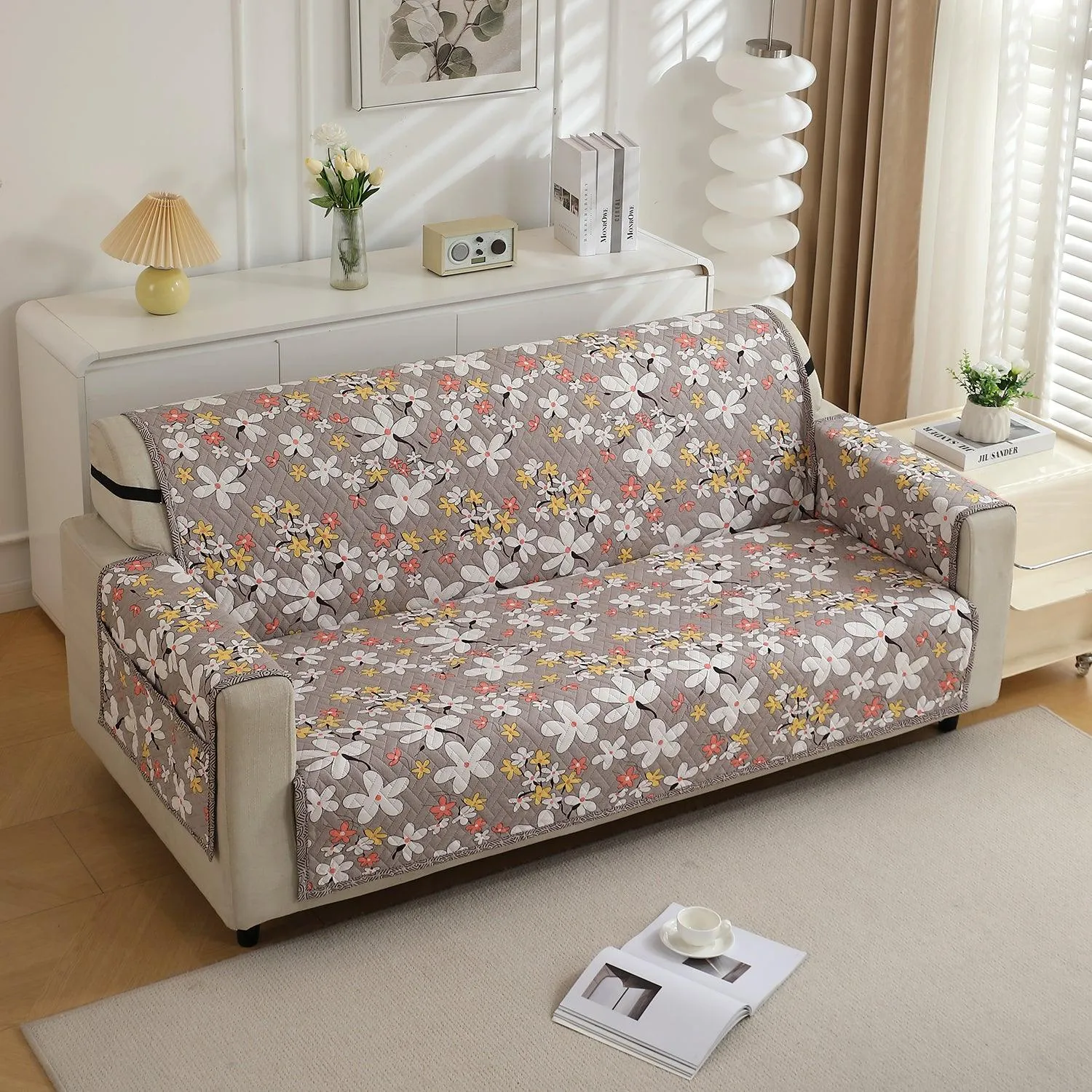 HOKIPO Quilted 1/2/3 Seater Sofa Cover with Pockets, Pastel Brown Sandwort Flower